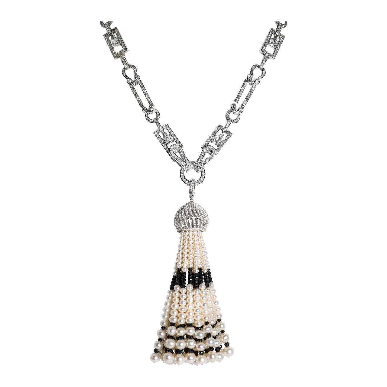 Fabulous Art Style Pearl Onyx Tassel Faux Diamond Necklace