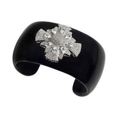 Pave Faux Diamond Maltese Cross Real Black Onyx Bangle Cuff