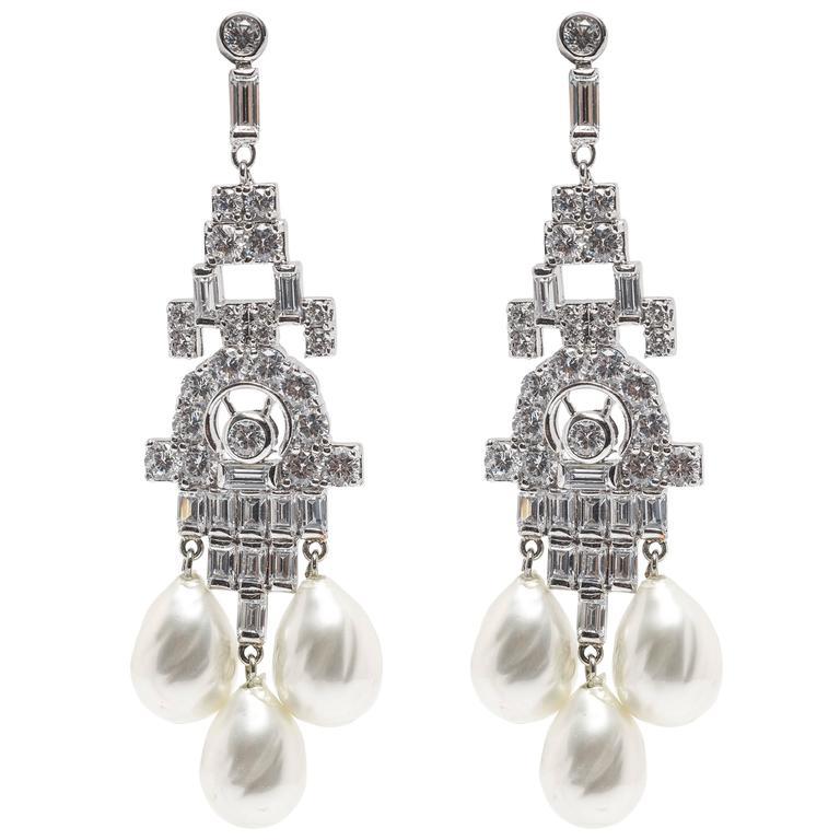Faux Diamond Pearl  Art Deco Style Chandelier Earrings made of cubic zirconia and vintage glass French pearl drops for pierced ears, rhodium plated three inches long and quite fabulous!