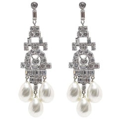 Faux Diamond Pearl  Art Deco Style Chandelier Earrings