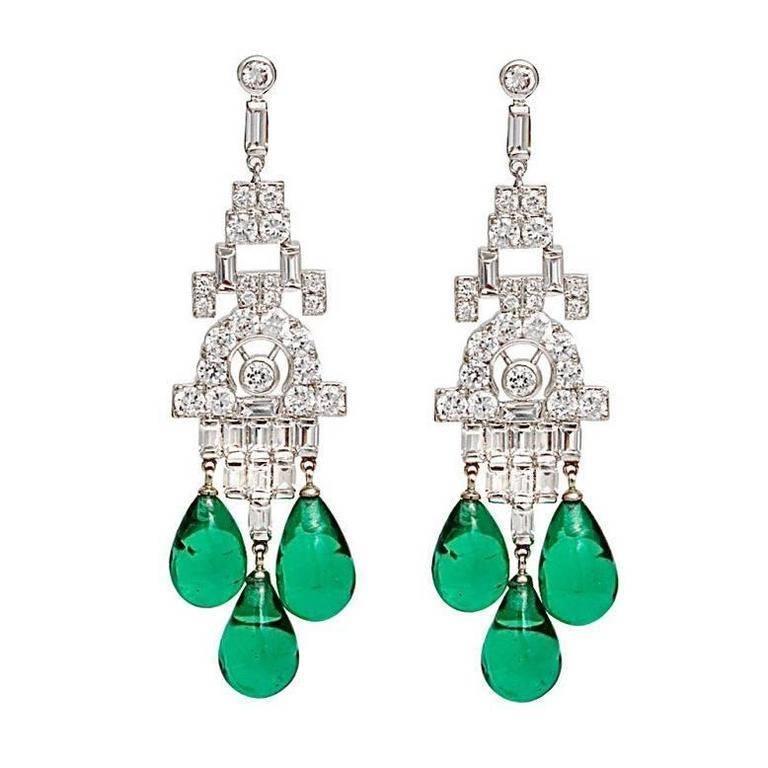 Faux Diamond Emerald Art Deco Style Chandelier Earrings made of cubic zirconia and vintage glass emerald drops for pierced ears, rhodium plated three inches long and quite fabulous!
