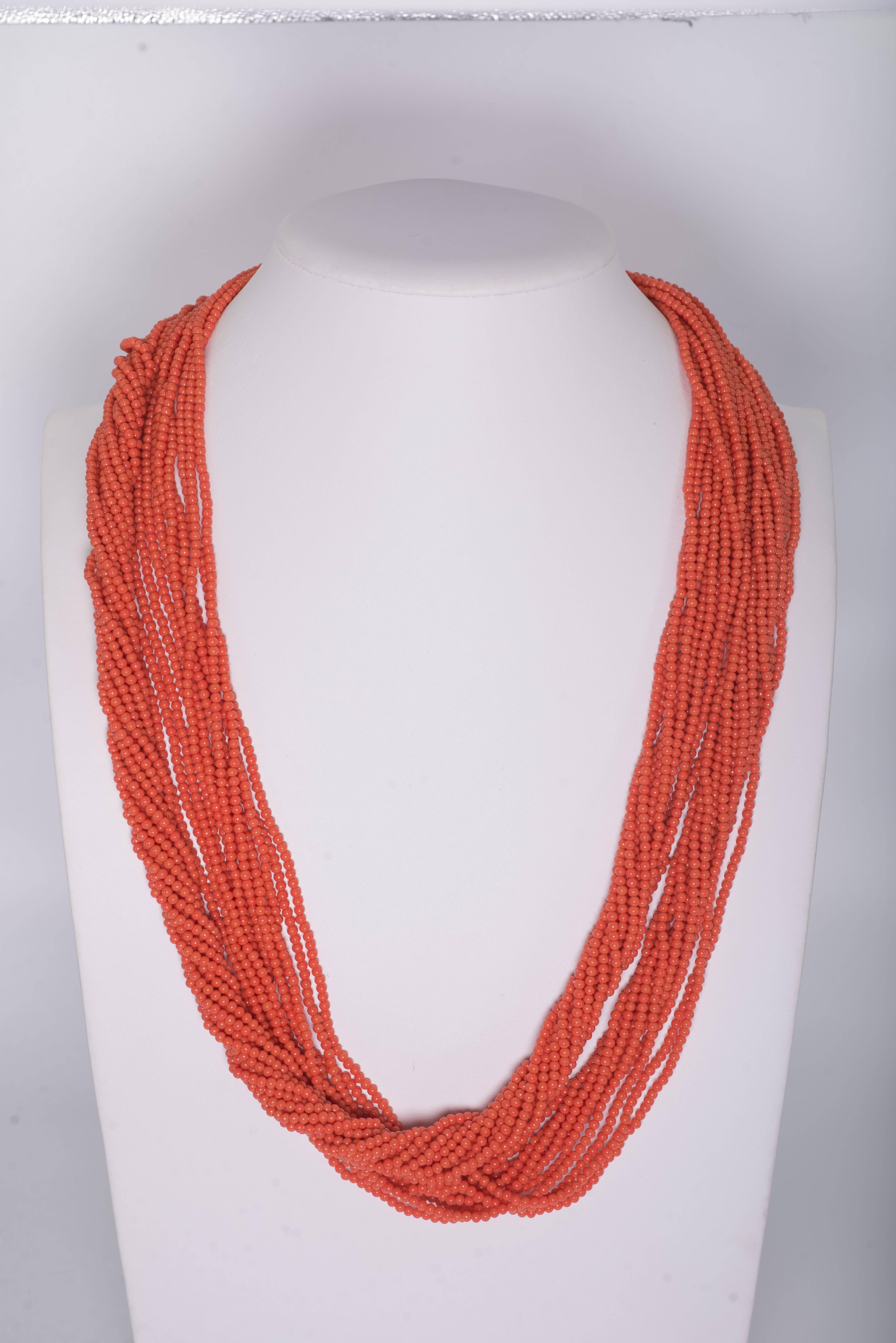 Fabulous faux 60 inch long vintage coral 4mm bead twist necklace that can be wrapped as many times as you want. So versatile and chic. Gorgeous soft coral color.
Pave cubic zirconia vermeil ball screw clasp.
Vintage handmade Japanese beads.