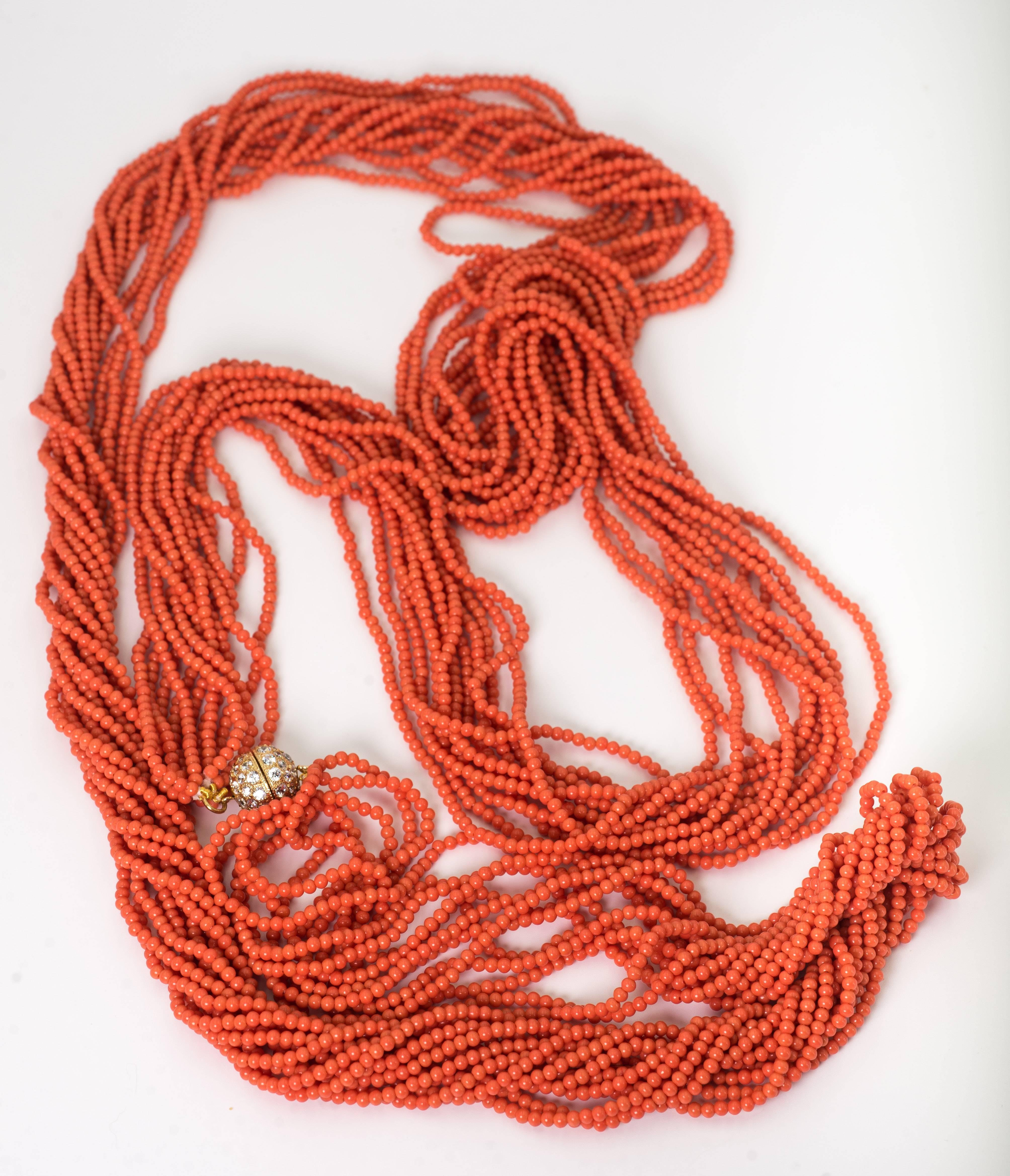 Fabulous Faux 60 Inch Long Vintage Coral Bead Twist Necklace In Excellent Condition In New York, NY