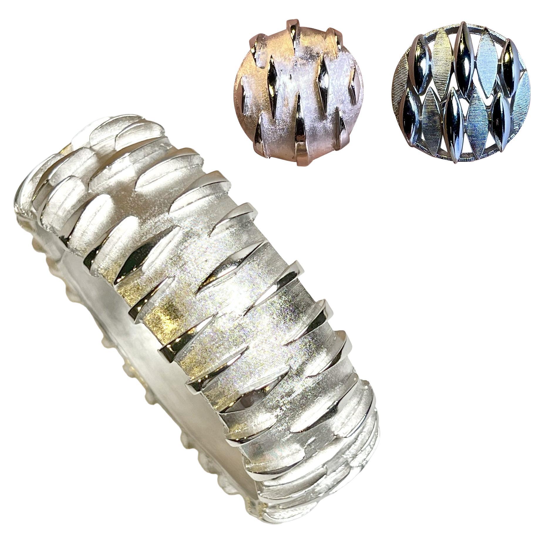 Brazalete y Pendientes de Diseño Italiano de los Años 60 en Vermeil Blanco con Puntadas Modernas en venta