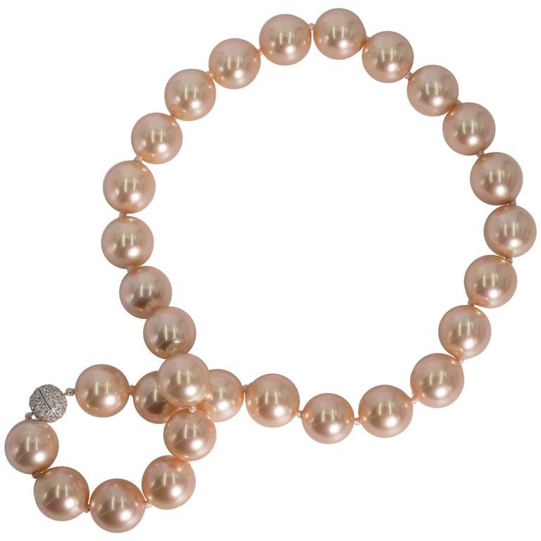 Magnificent French Faux 20 MM Size Angel Skin Pink Pearl Opera Length Necklace In New Condition In New York, NY