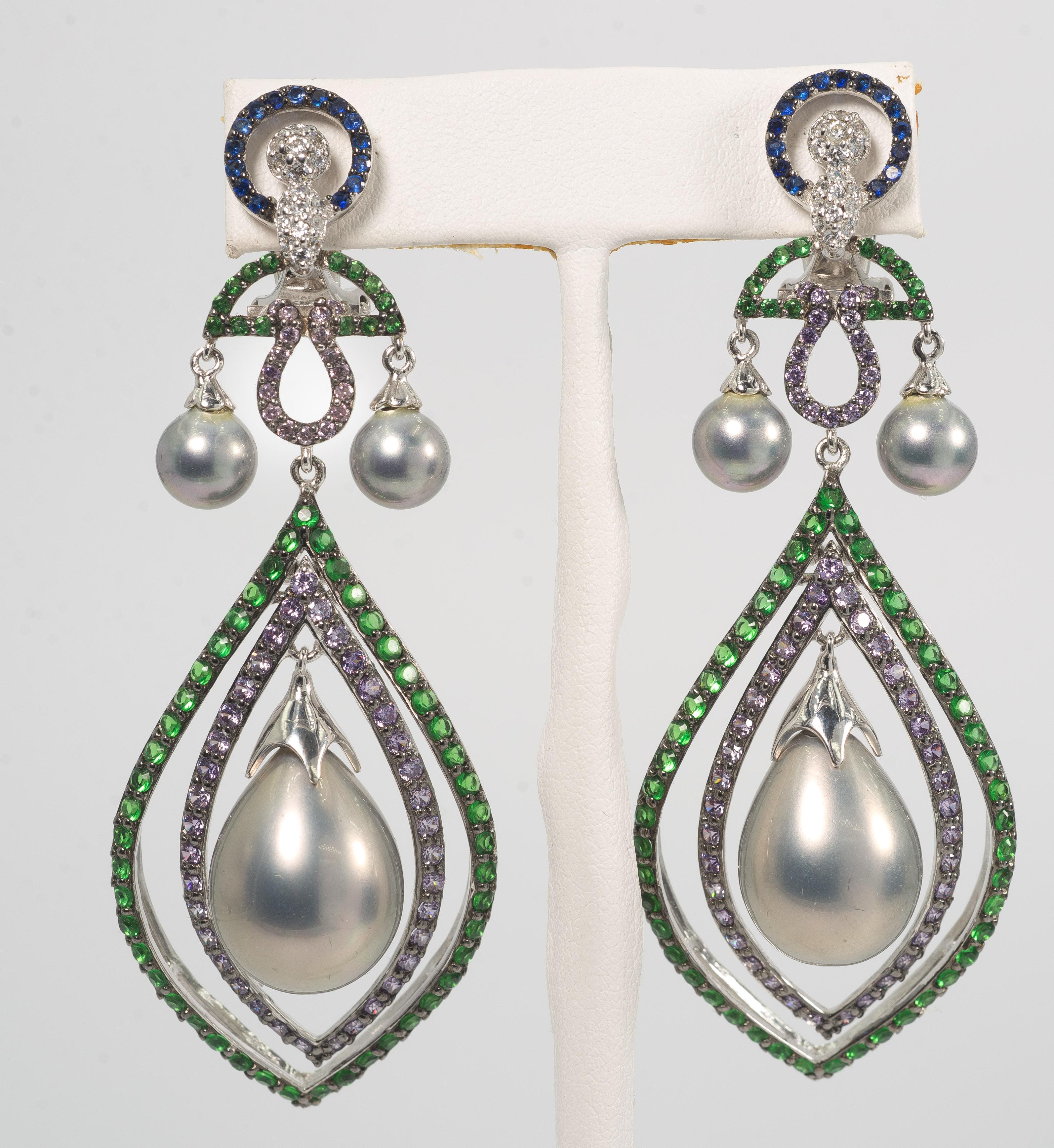 Art Deco Faux Diamond Pearl Peacock Feather Sterling  Earrings