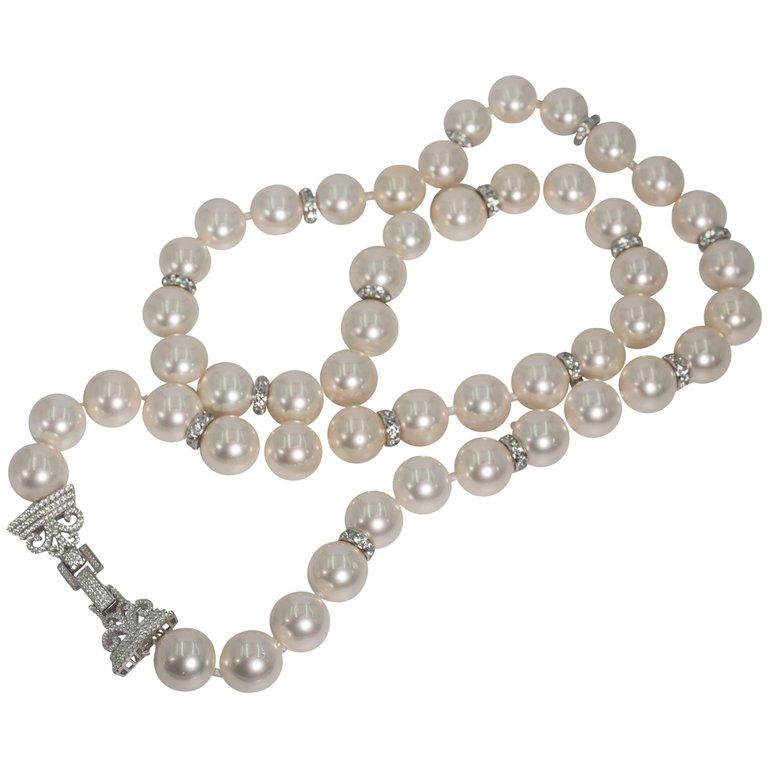 Women's Faux Pearl Cubic Zirconia Sterling Rondels 36 Inches Long Necklace Art Deco
