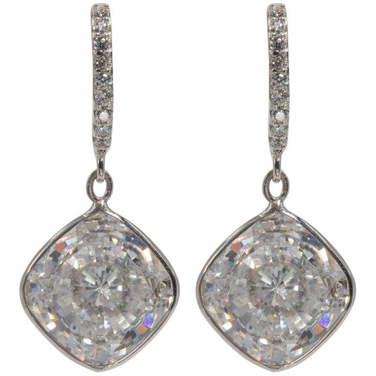 Edwardian style faux   6 carat each hand cut CZ  cushion drop sterling micro-pave real diamond top earrings 1 1/4 inches long.
Post safety clip