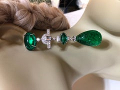Magnificent Costume Jewelry Diamond Large Cabochon Emerald Drop Earrings