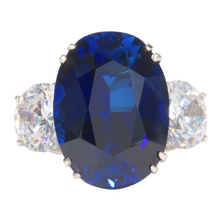 Contemporary Synthetic Kashmir Sapphire Diamond White Gold Ring