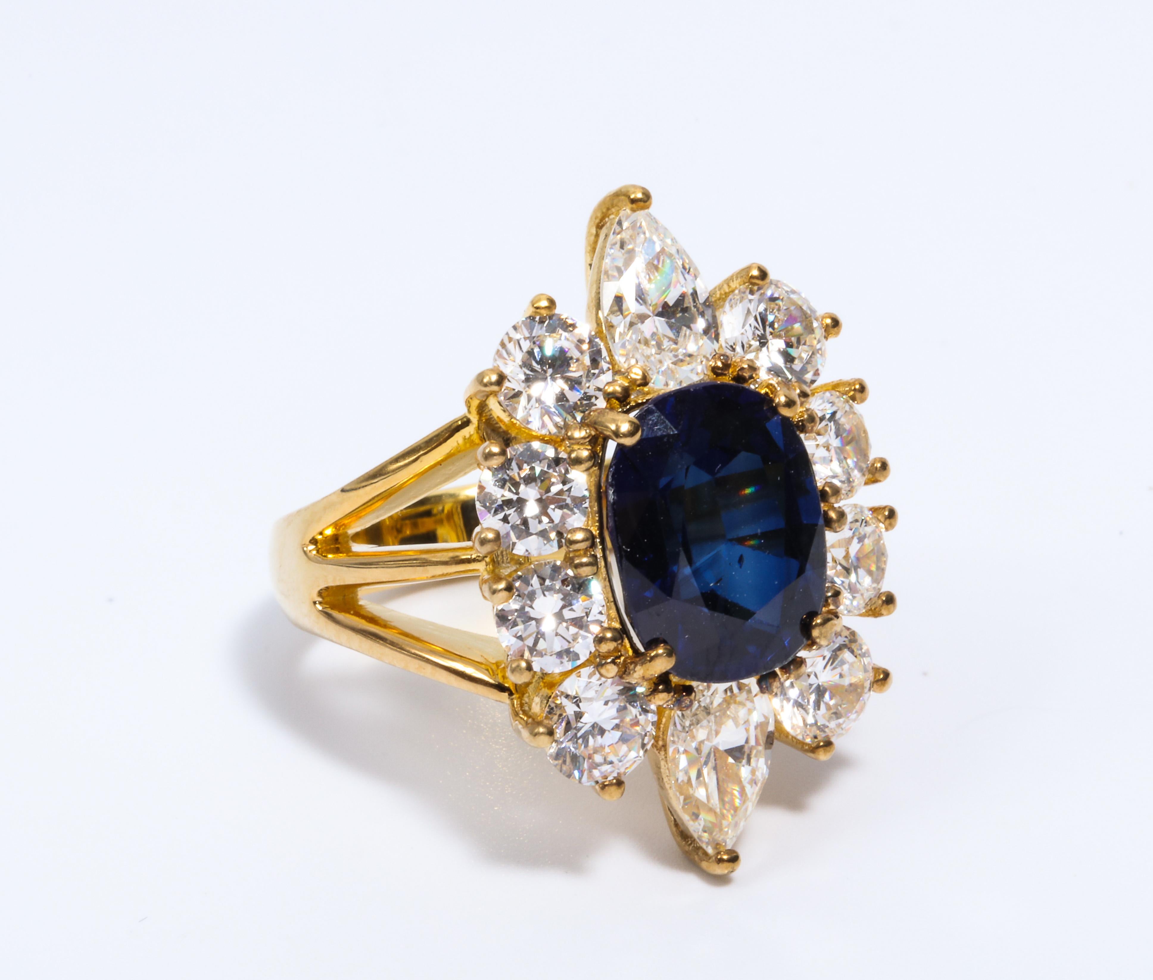 Faux Burma Sapphire Cubic Zirconia Halo Cluster Vermeil Ring In New Condition In New York, NY