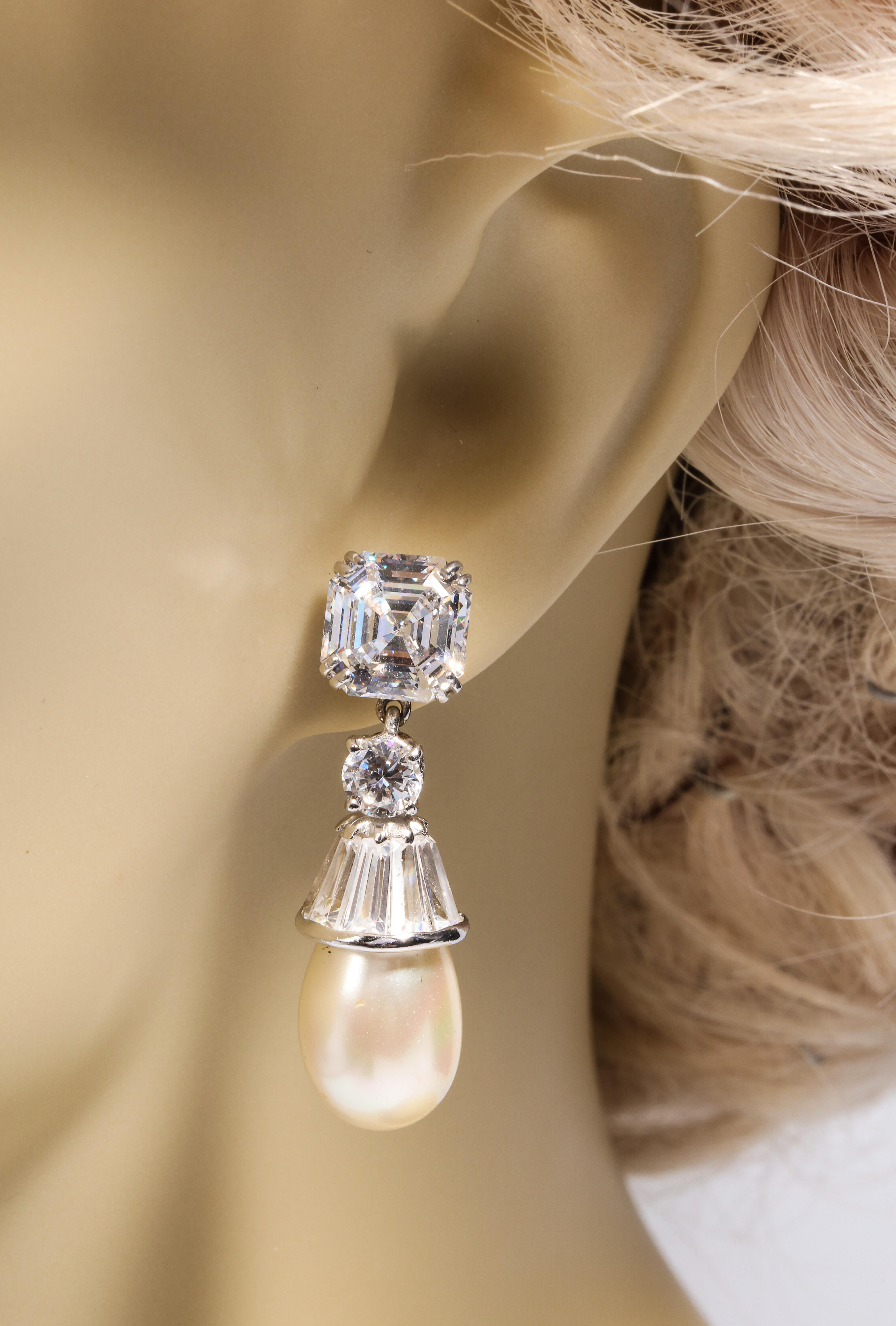 Modern Art Deco Style Diamond Pearl Sterling  Drop Earrings In New Condition In New York, NY