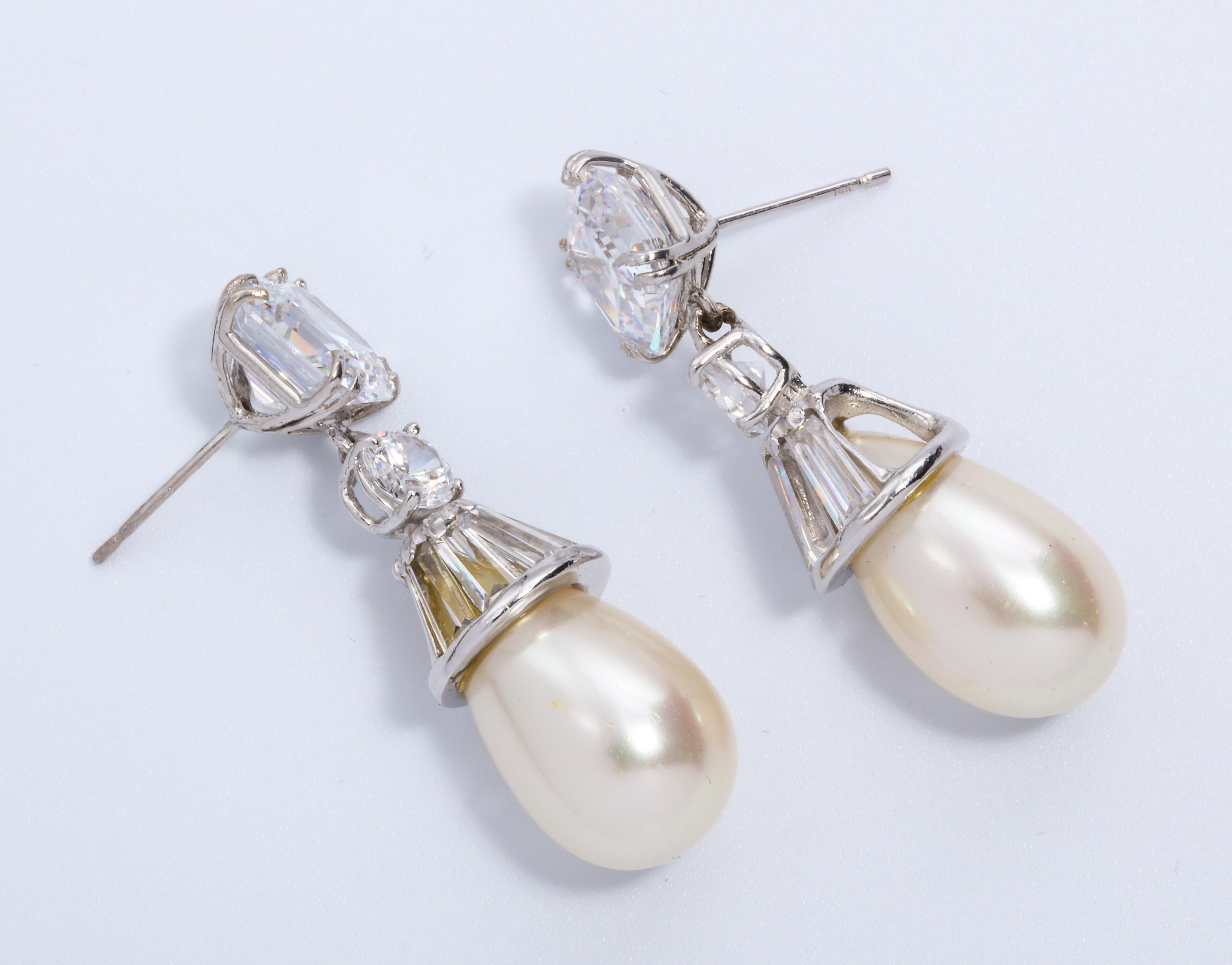 Women's Modern Art Deco Style Diamond Pearl Sterling  Drop Earrings