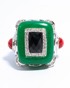 Art Deco Style Faux Jade Onyx Coral  Cubic Zirconia Large Statement Ring