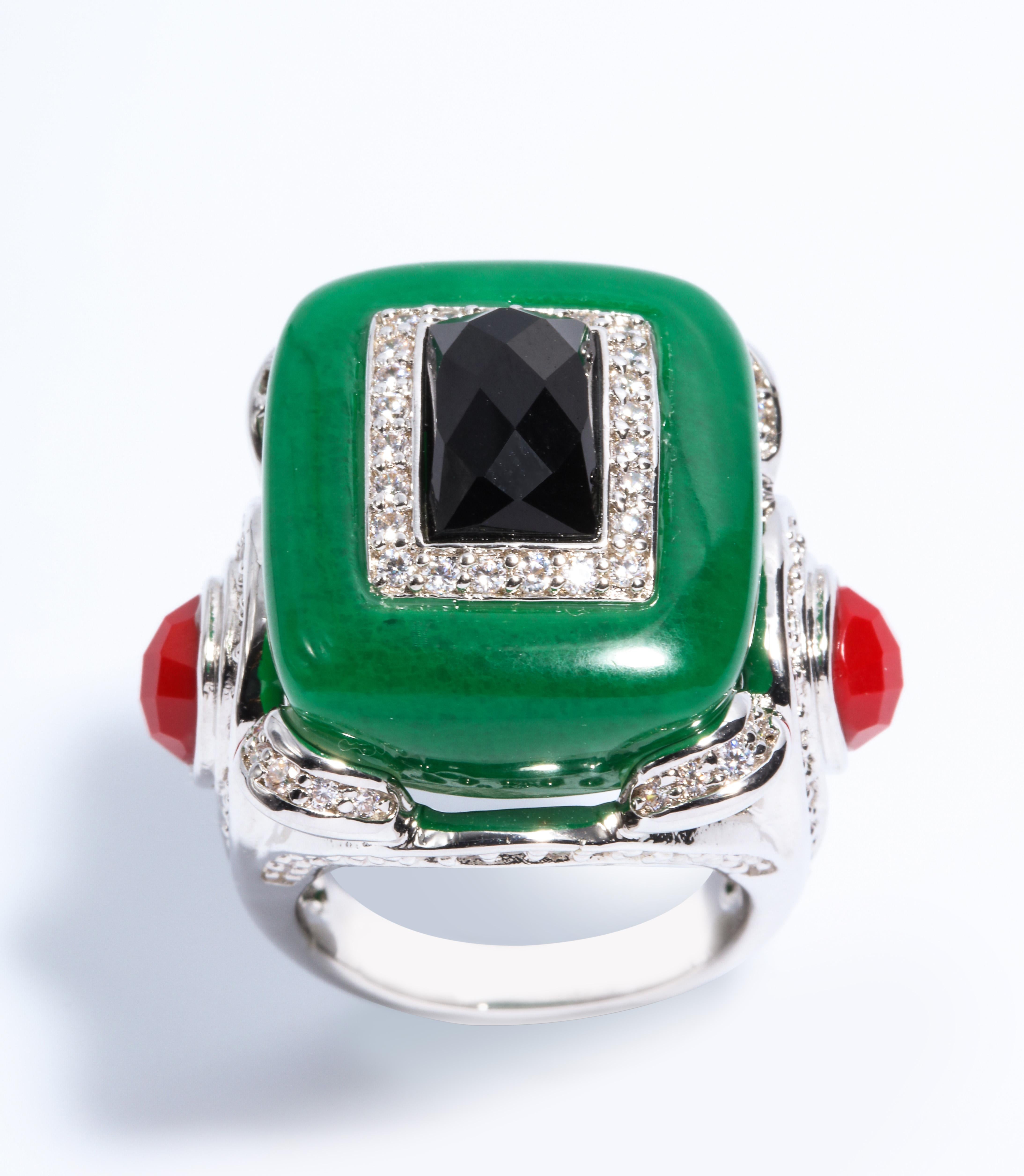 Art Deco Style Faux Jade Onyx Coral  Cubic Zirconia Large Statement Ring 3