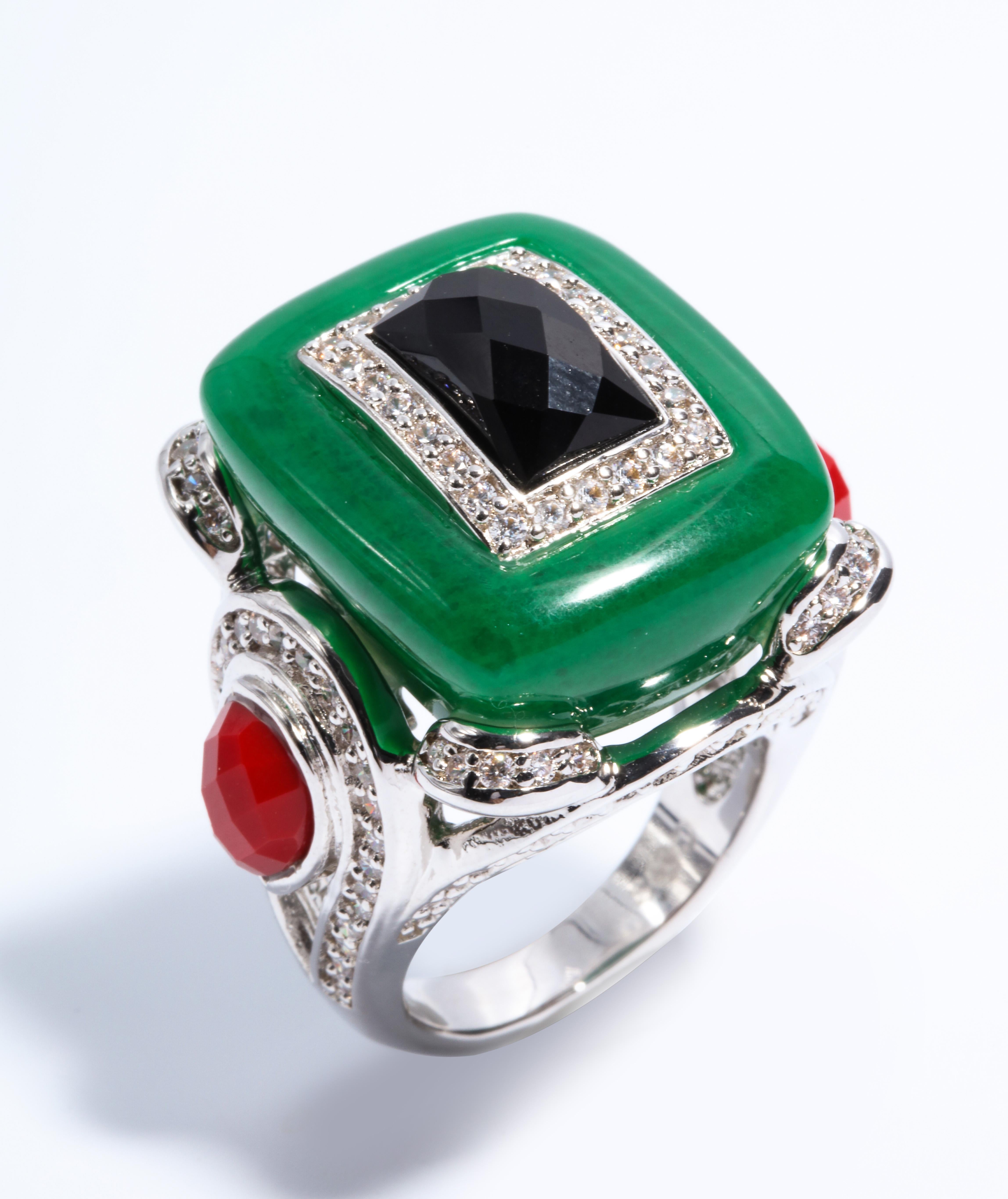 Art Deco Style Faux Jade Onyx Coral  Cubic Zirconia Large Statement Ring 2