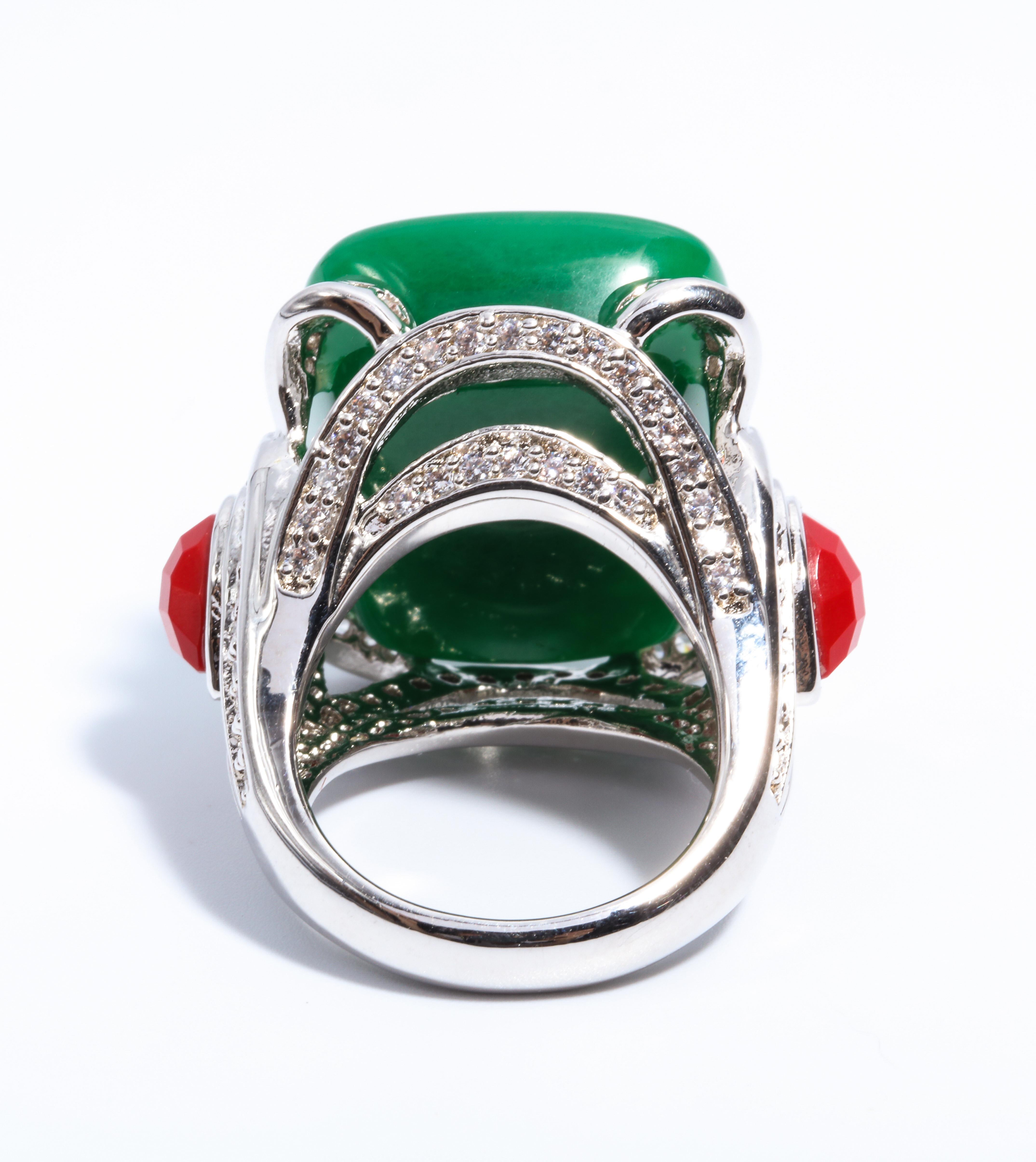 Art Deco Style Faux Jade Onyx Coral  Cubic Zirconia Large Statement Ring In New Condition In New York, NY