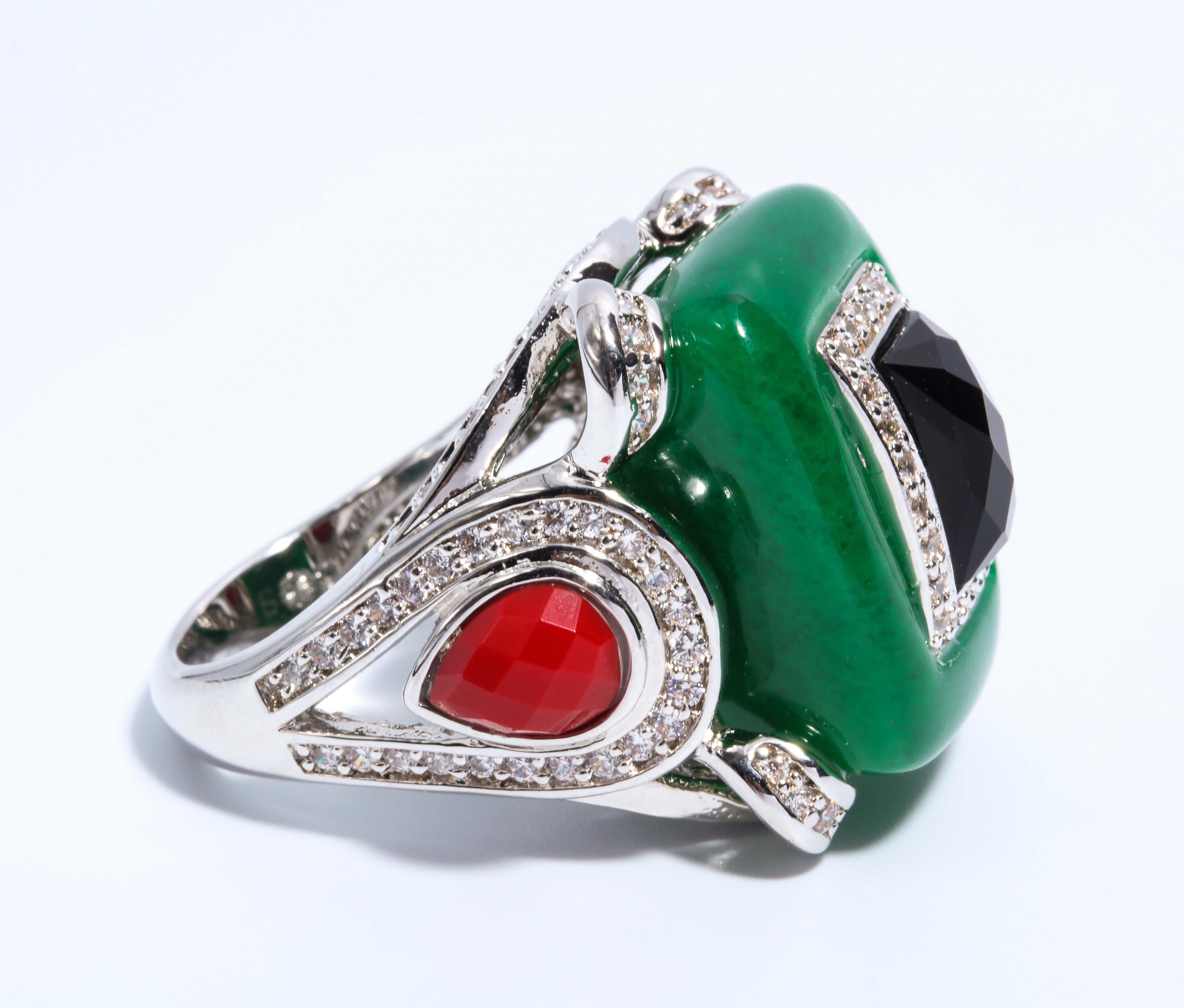 Women's Art Deco Style Faux Jade Onyx Coral  Cubic Zirconia Large Statement Ring