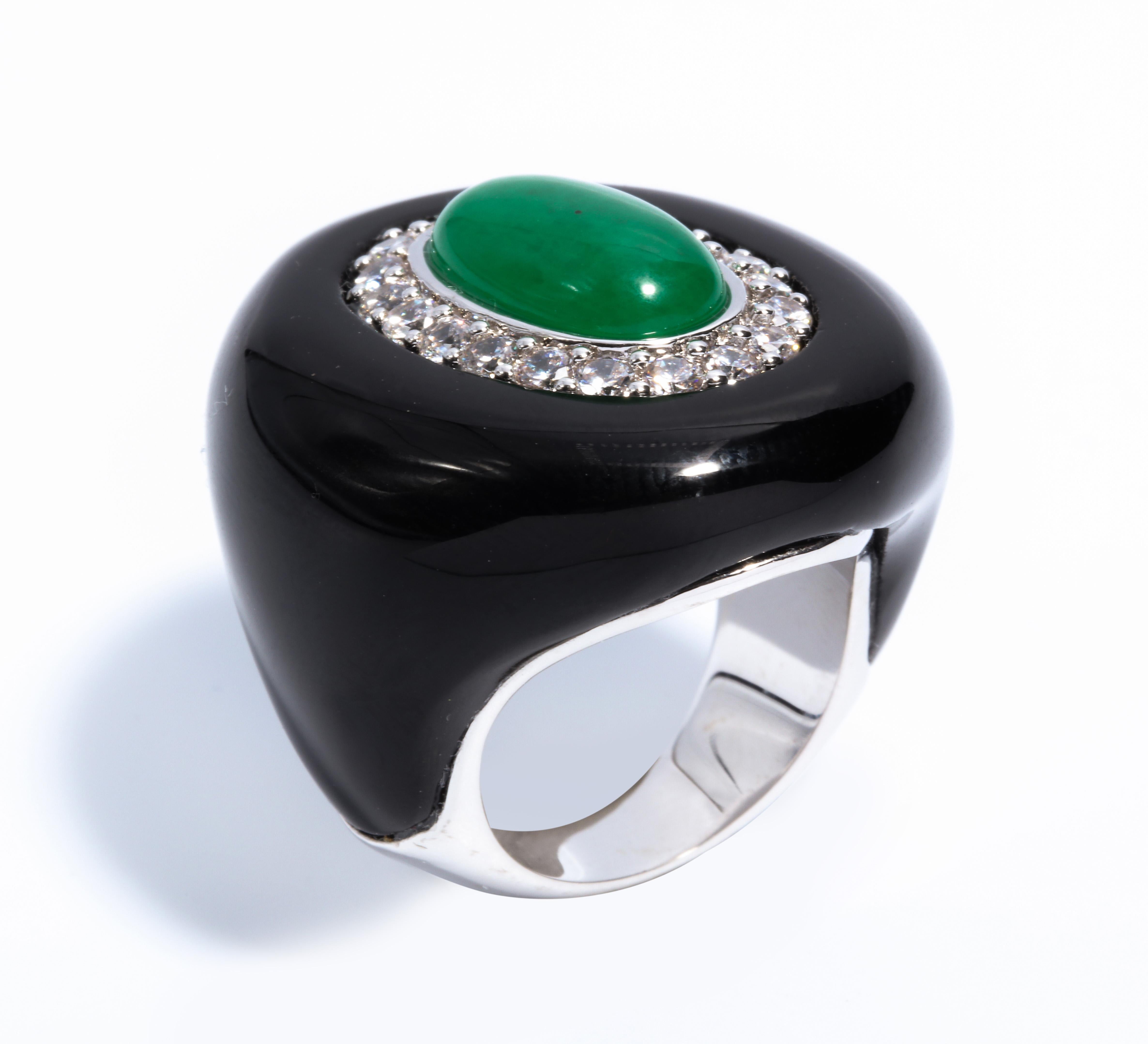 Magnificent Costume Jewelry Art Deco Style Palm Beach Faux Diamond Jade Onyx Large Ring. Available to order 3 weeks in other sizes. This is a size 6 3/4