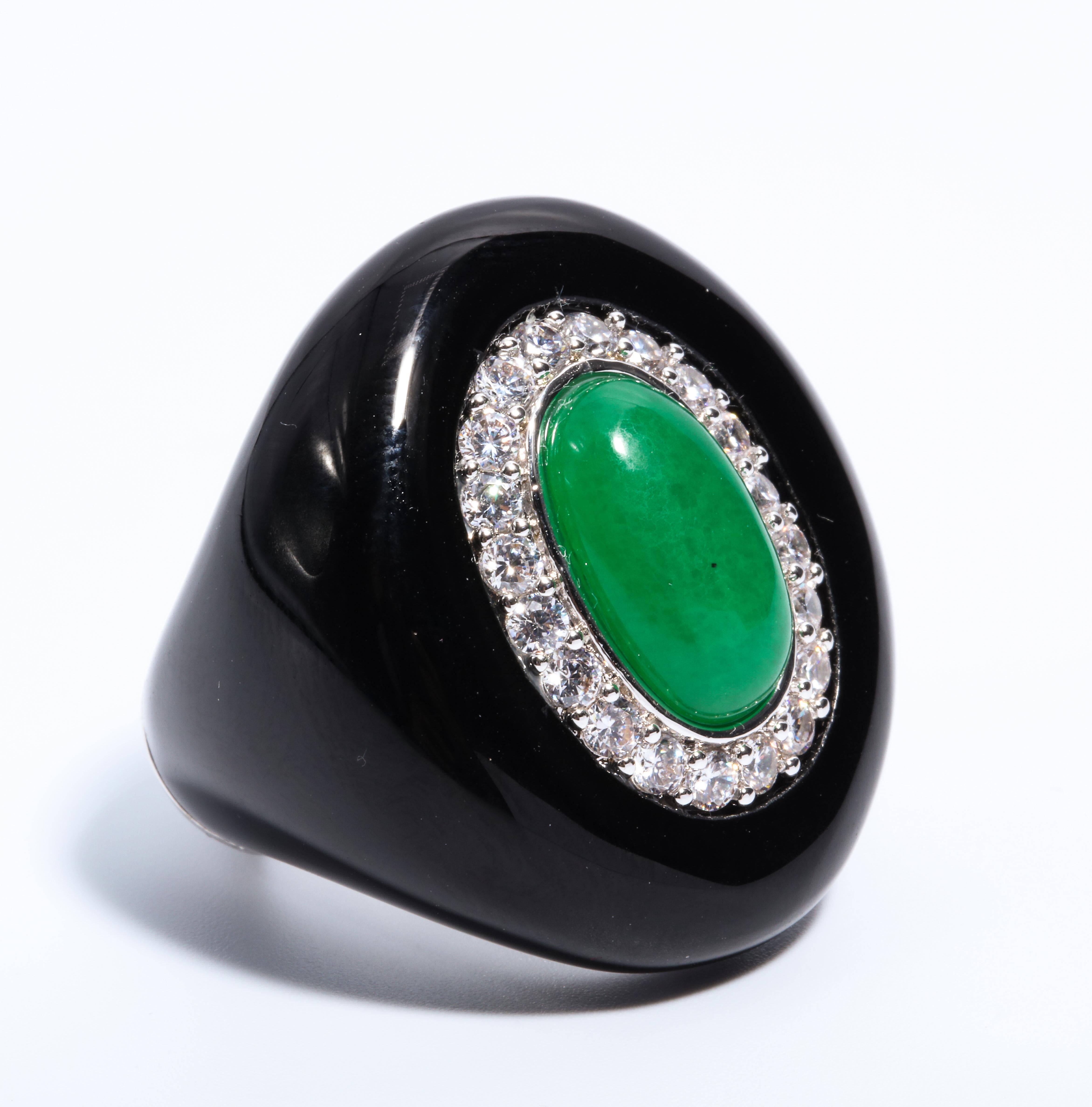 Art Deco Style Palm Beach Faux Diamond Jade Onyx Large Statement Ring In New Condition In New York, NY