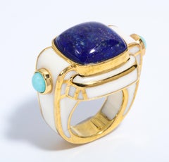 Art Deco Style Large Lapis Turquoise Statement Ring