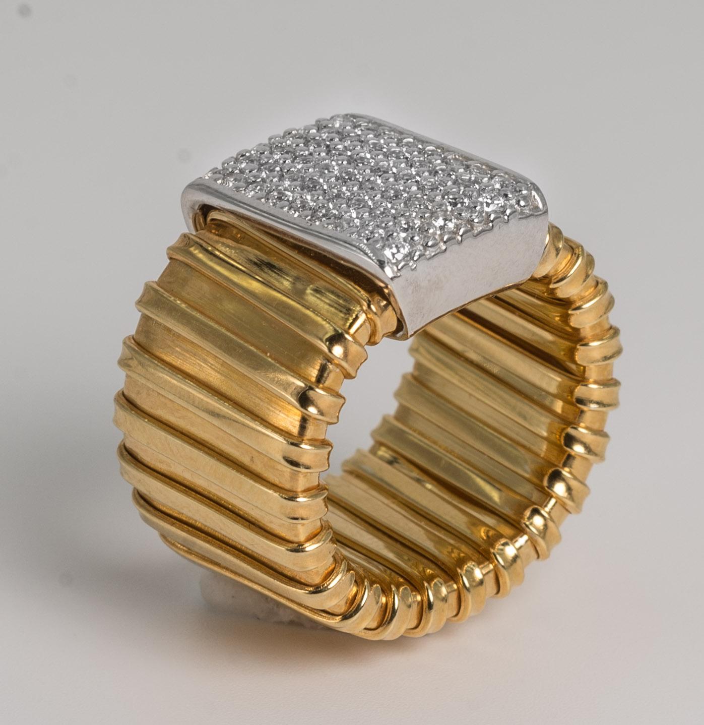 Micheletto Italian Handmade Gold Vermeil Sterling Faux Diamond Tubogaz Ring In Excellent Condition In New York, NY