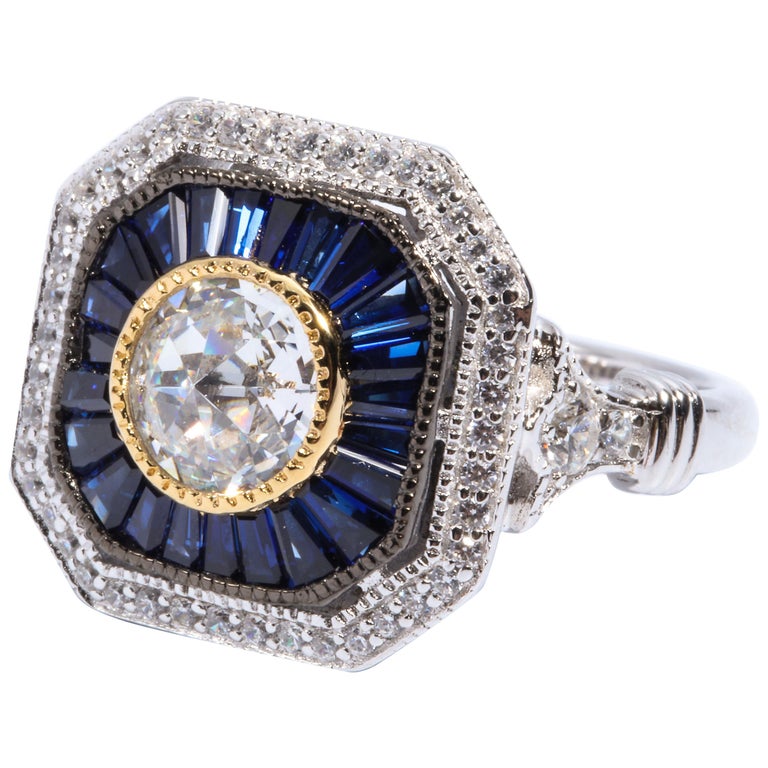 Pretty Art Deco Style Cubic Zirconia Sapphire Sterling Ring at 1stDibs