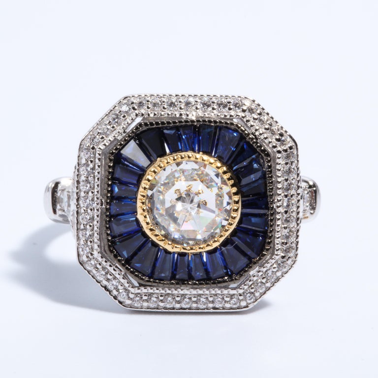 Bague Art Déco CZ Diamant & Saphir Vintage-style Victorian Edwardian Ring