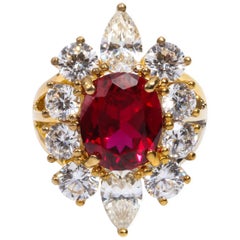 Faux Burma Ruby Cubic Zirconia Halo Cluster Vermeil Sterling Silver Ring