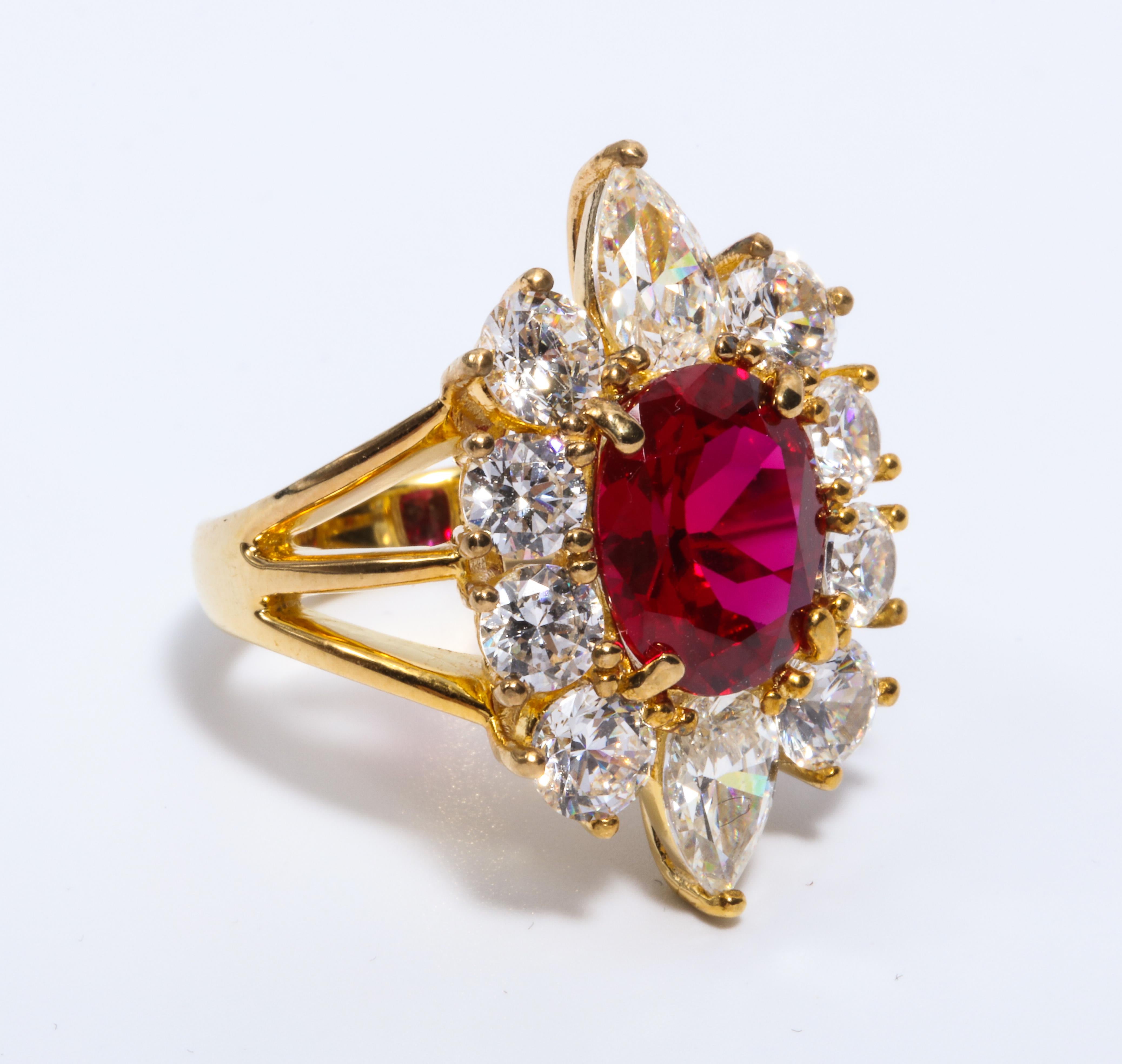 Art Deco Faux Burma Ruby Cubic Zirconia Halo Cluster Vermeil Sterling Silver Ring