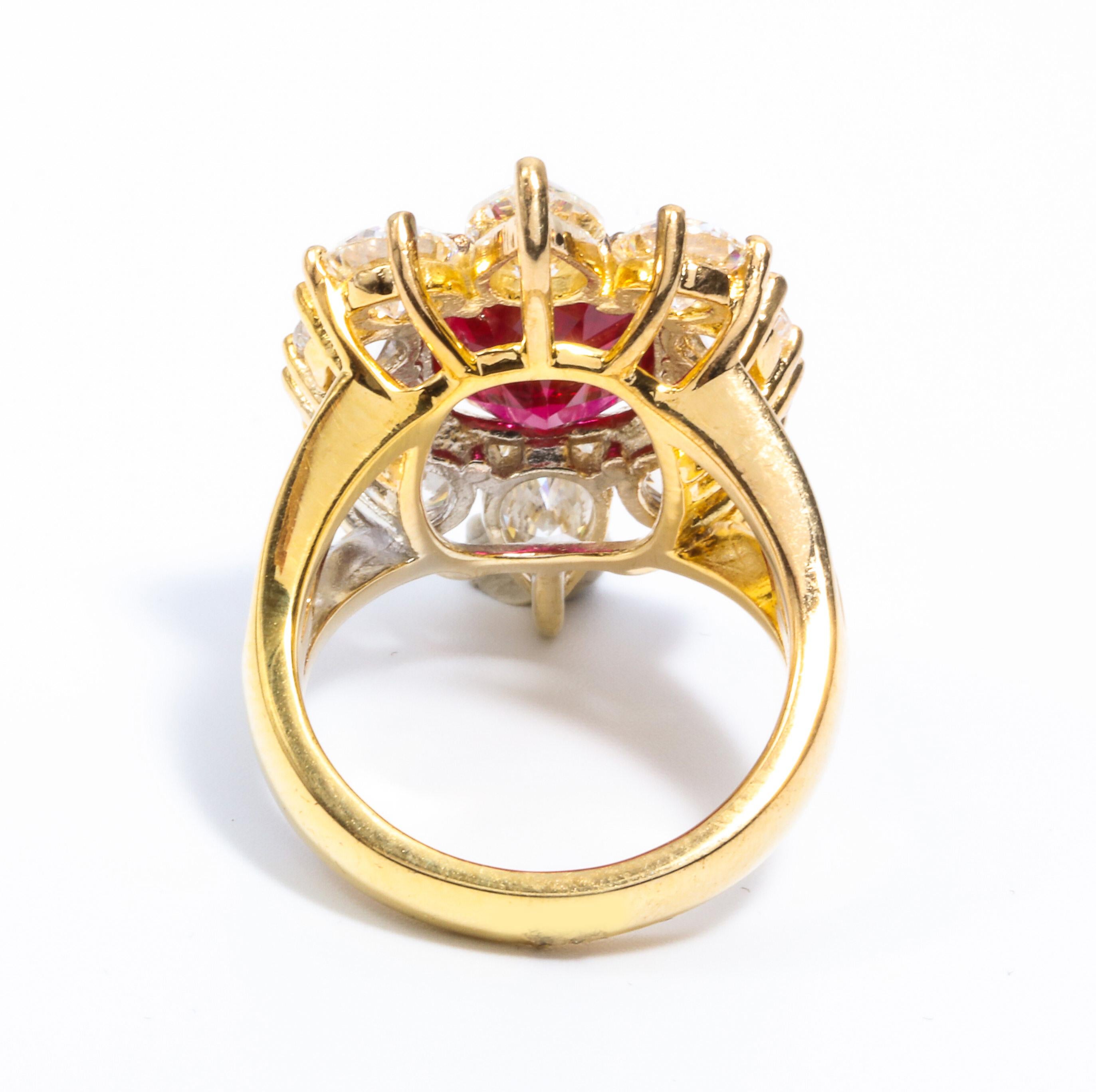 Faux Burma Ruby Cubic Zirconia Halo Cluster Vermeil Sterling Silver Ring In New Condition In New York, NY