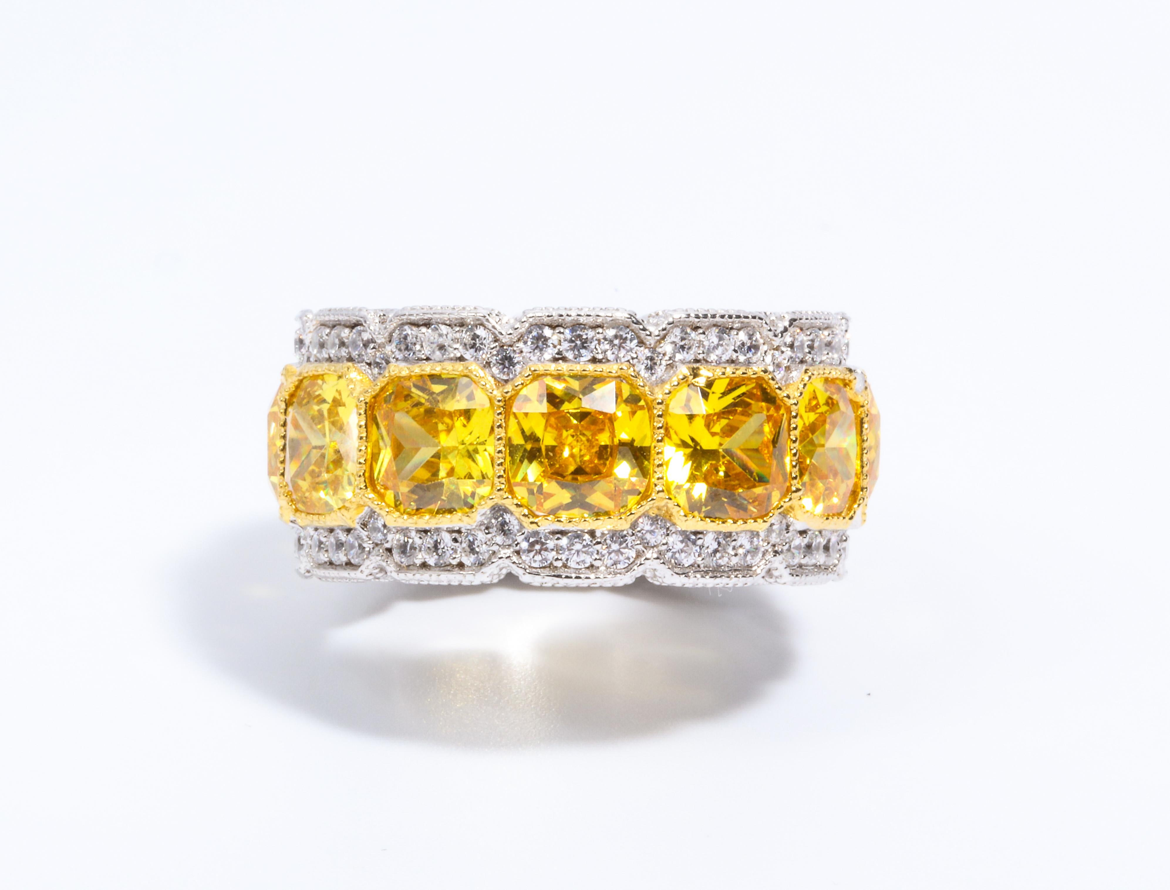 Art Deco Yellow Cubic Zirconia Micropave Half Inch Sterling  Wide Band