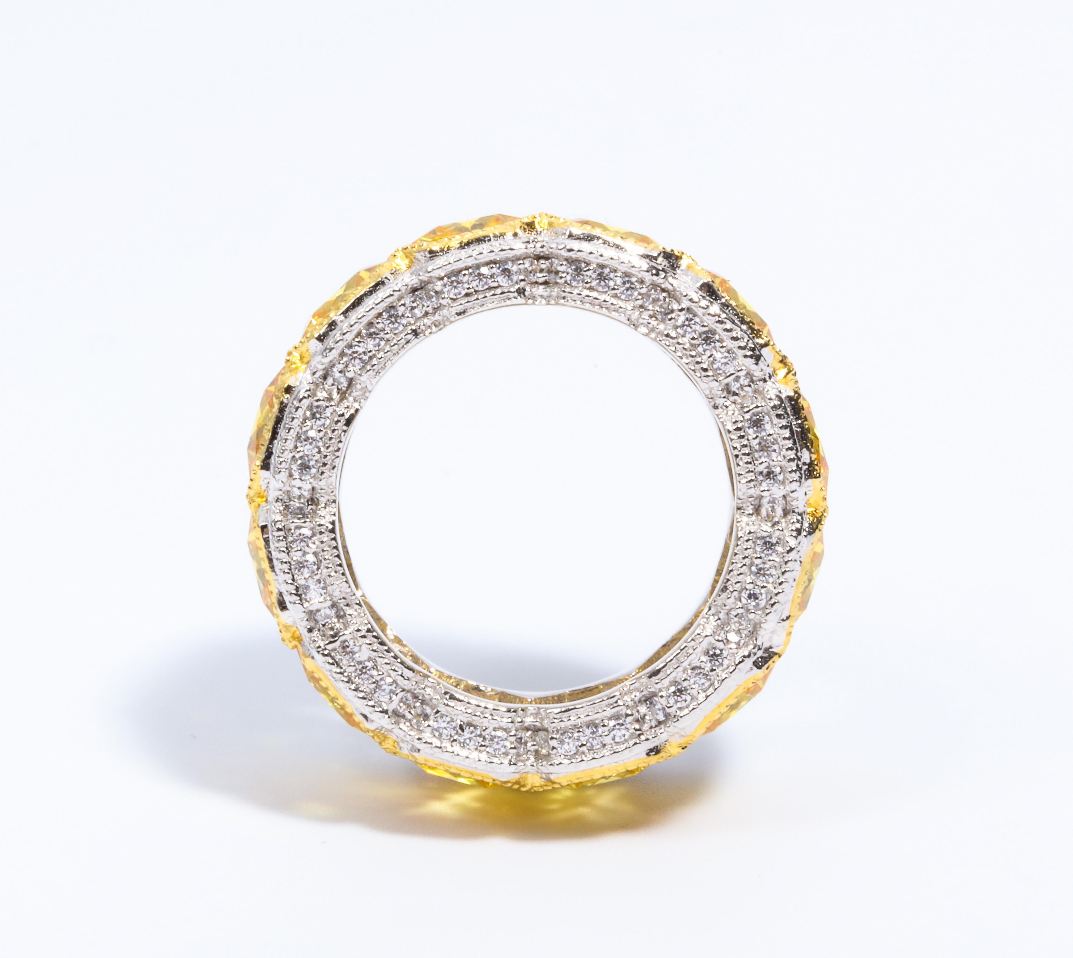Yellow Cubic Zirconia Micropave Half Inch Sterling  Wide Band In New Condition In New York, NY