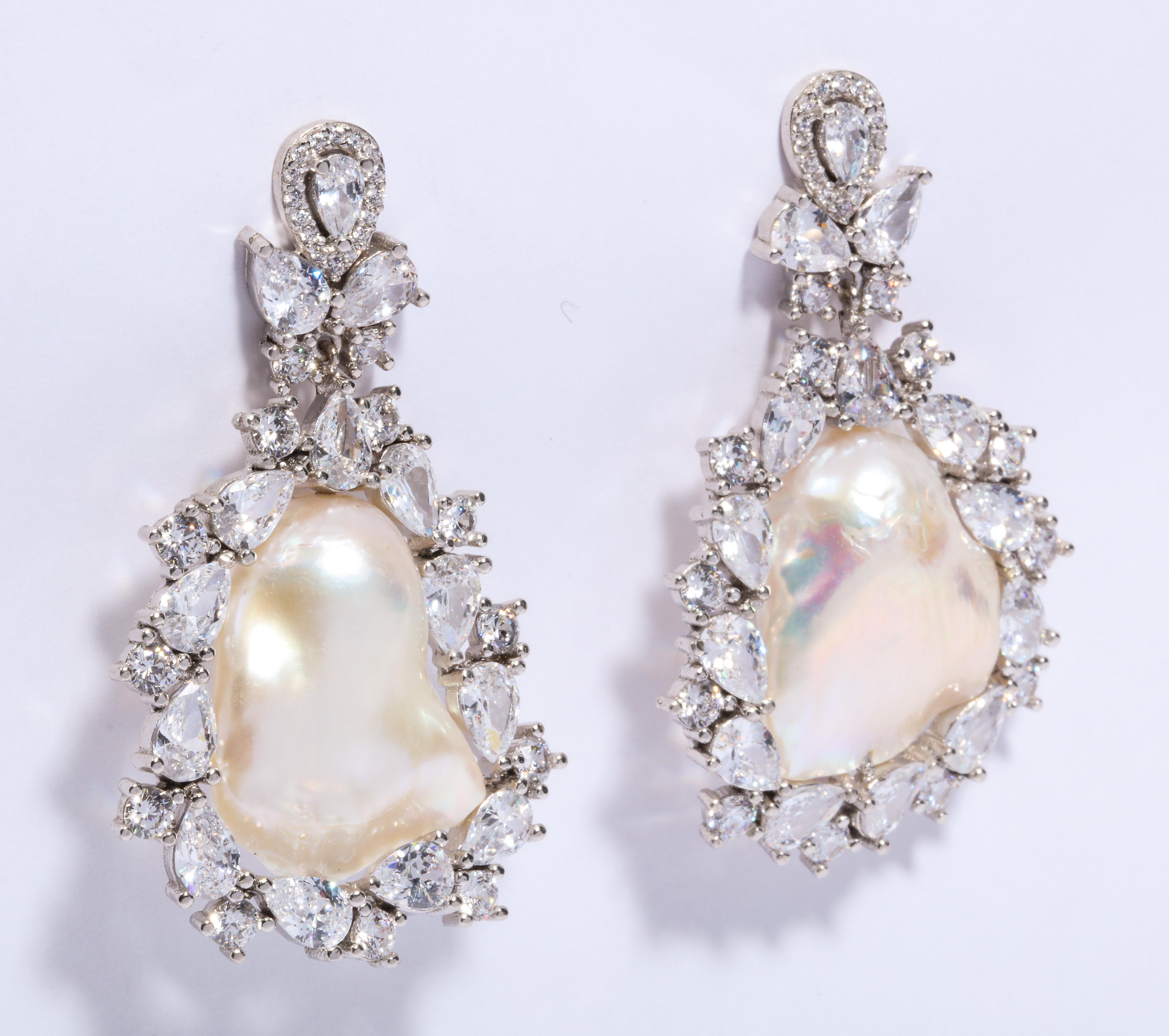 Art Deco Big Real Freshwater Pearl Cubic Zirconia  Sterling Earrings