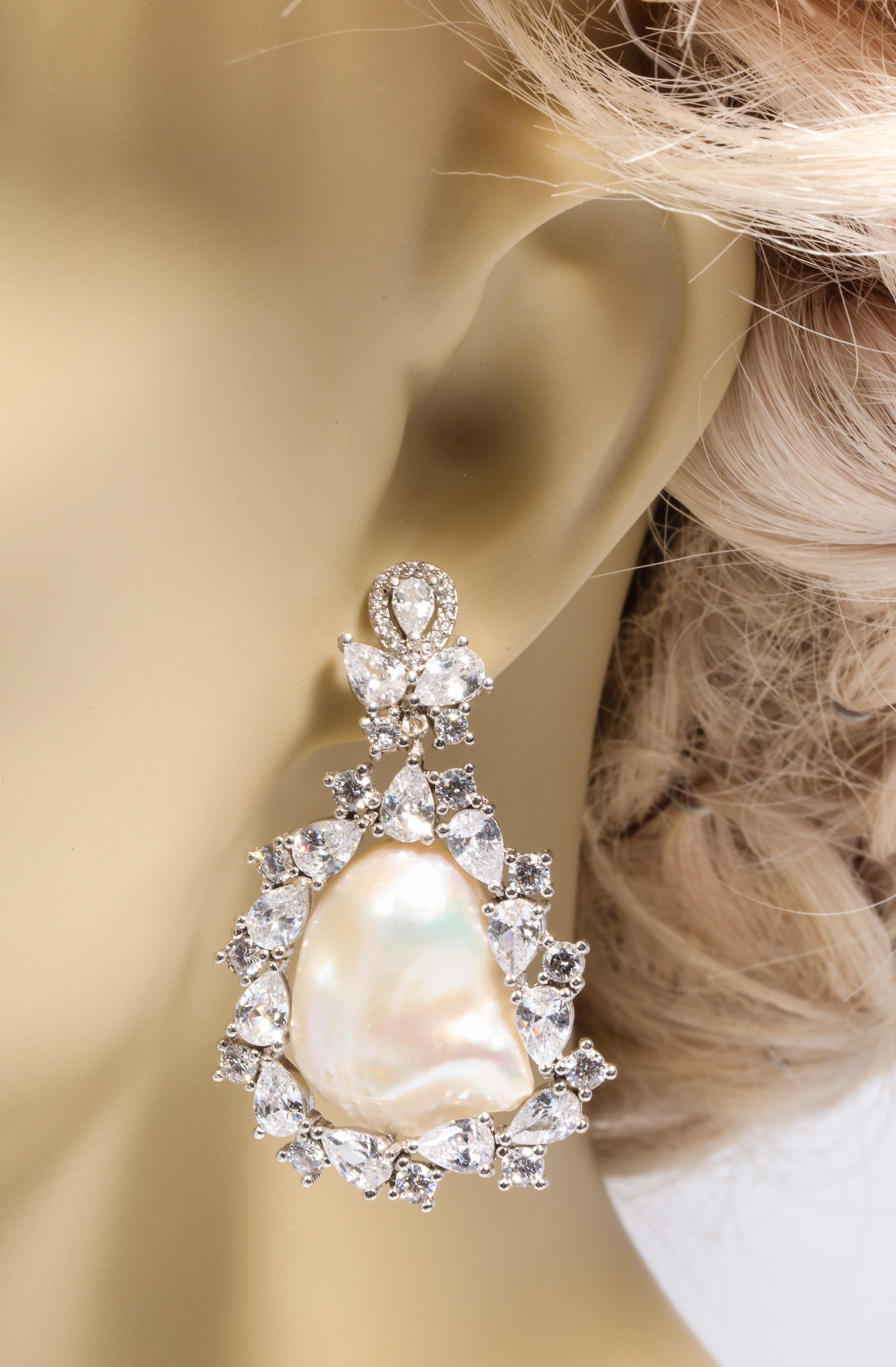 Big Real Freshwater Pearl Cubic Zirconia  Sterling Earrings In New Condition In New York, NY