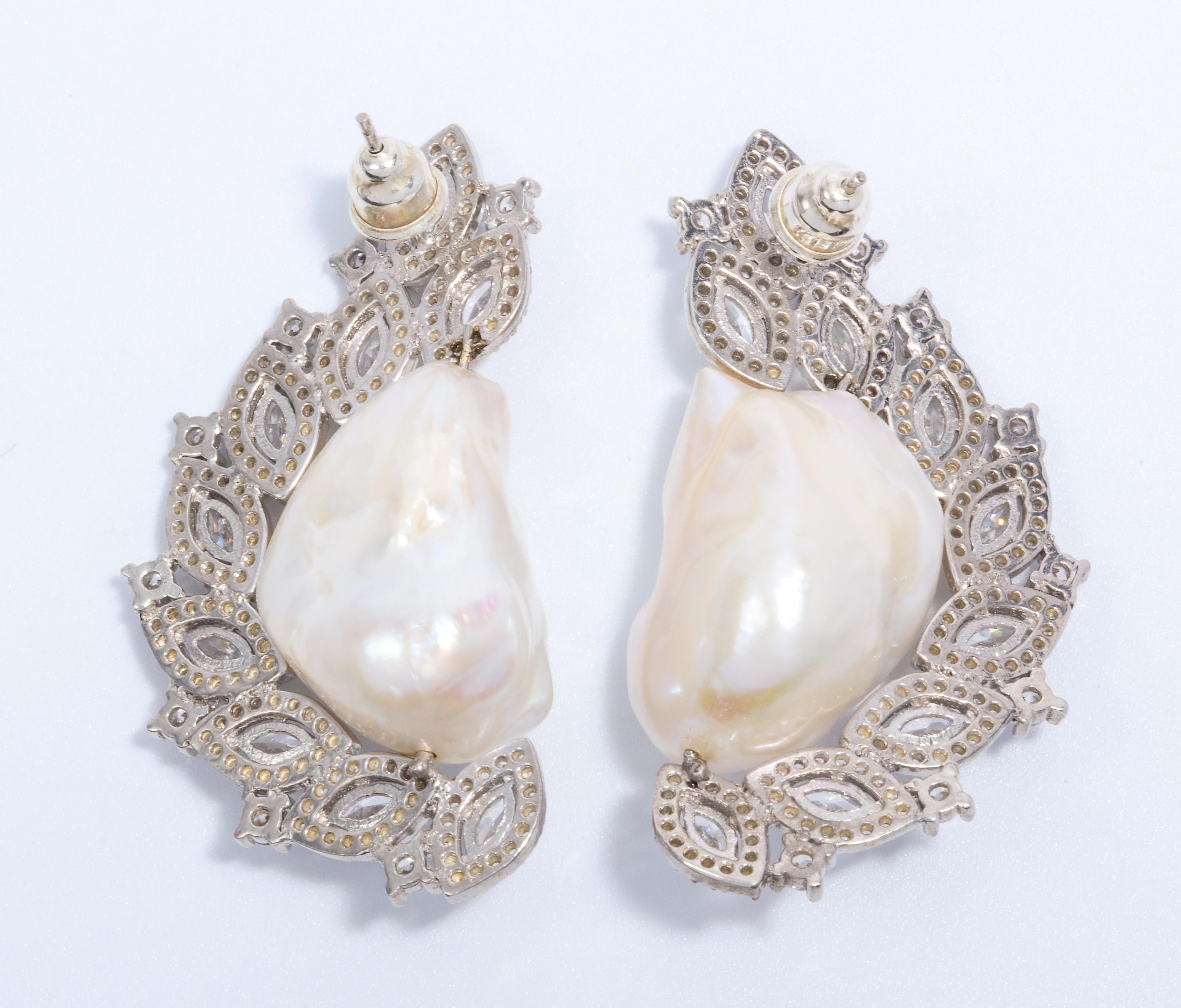 Art Deco Big Freshwater Pearl Cubic Zirconia Sterling Earrings