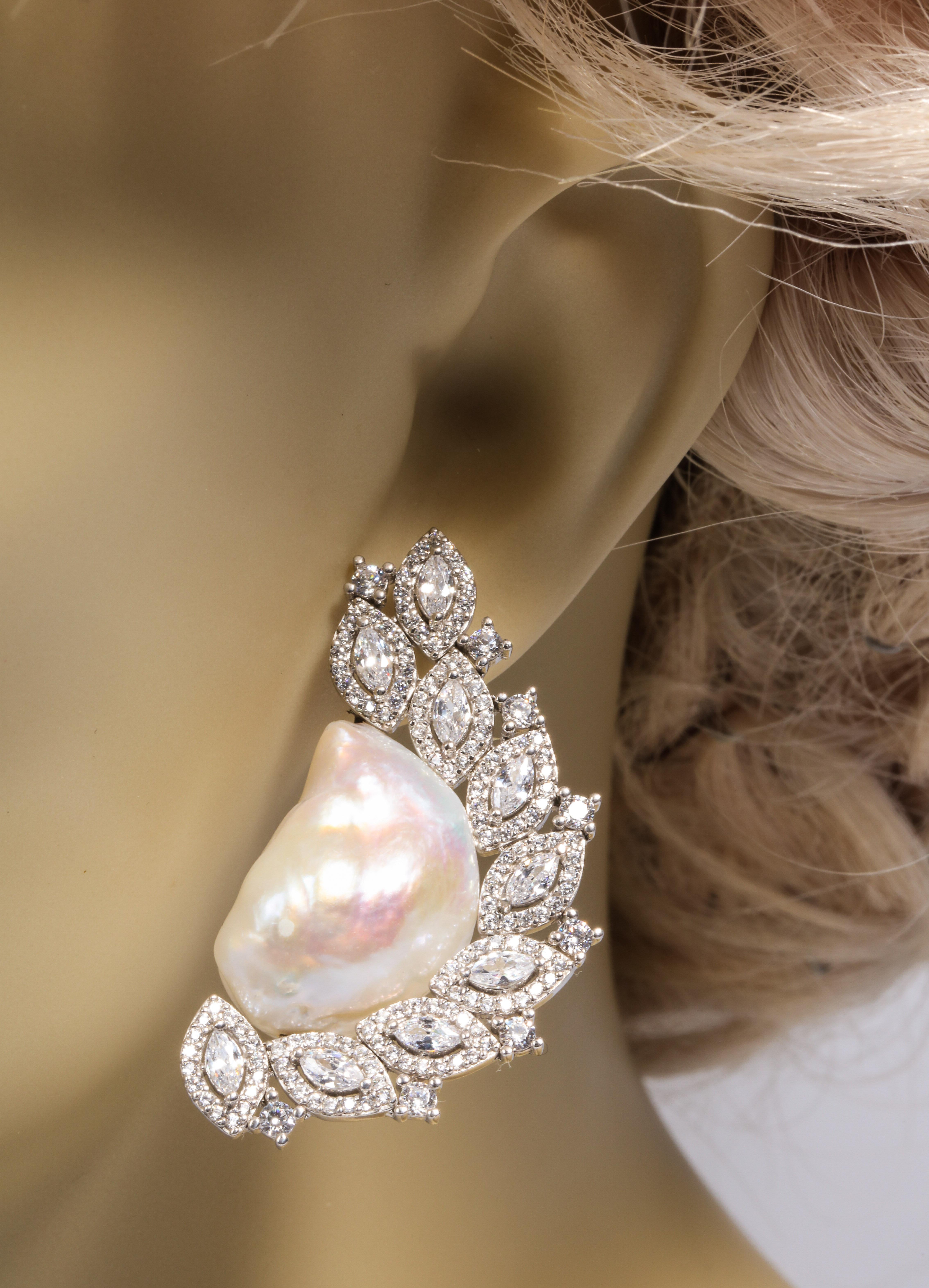 Women's Big Freshwater Pearl Cubic Zirconia Sterling Earrings