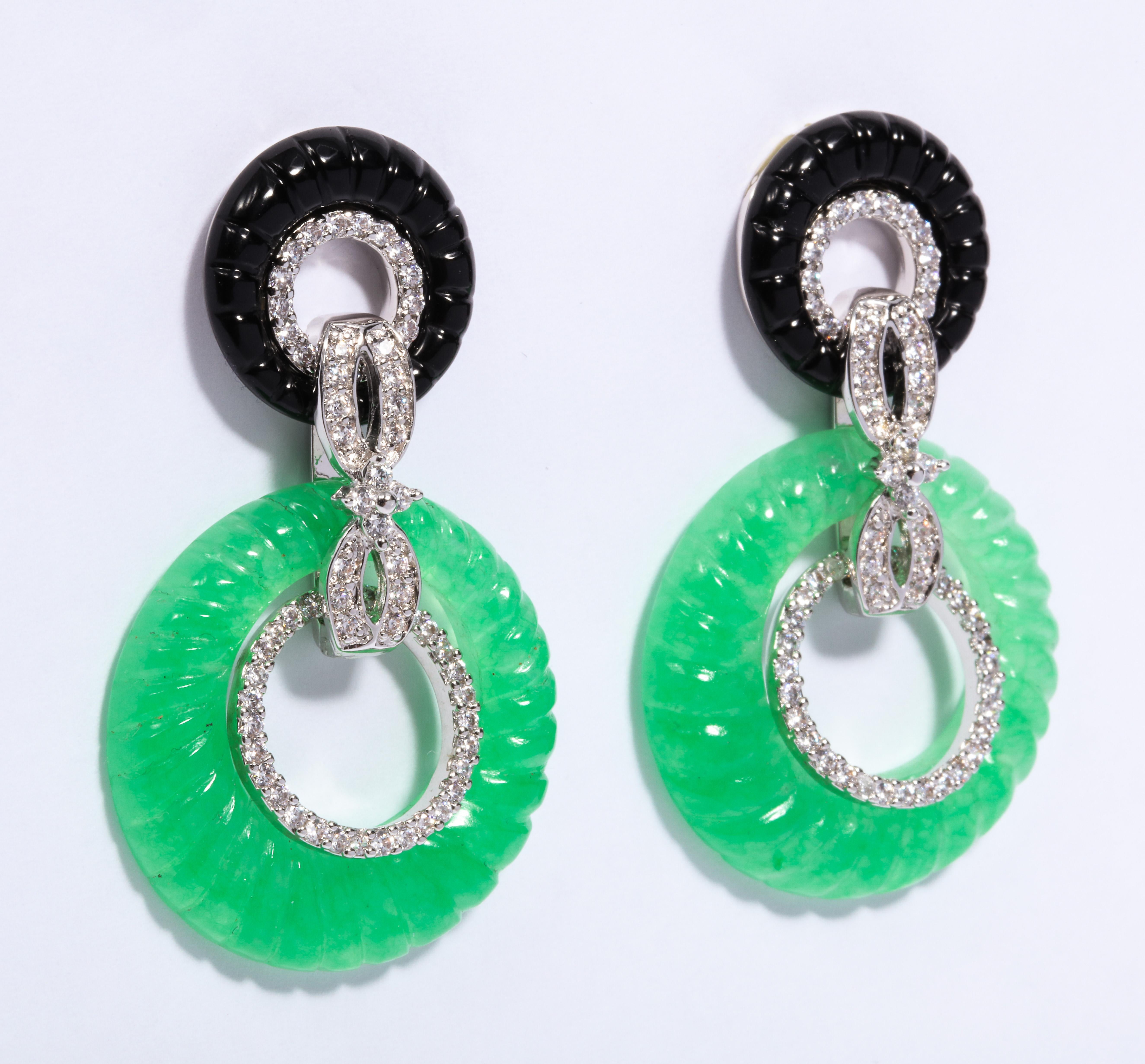 Magnificent Costume Jewelry Art Deco Style Faux Diamond Onyx Jade Resin Hoop Earrings post only 2 inches long by 1 inch wide.