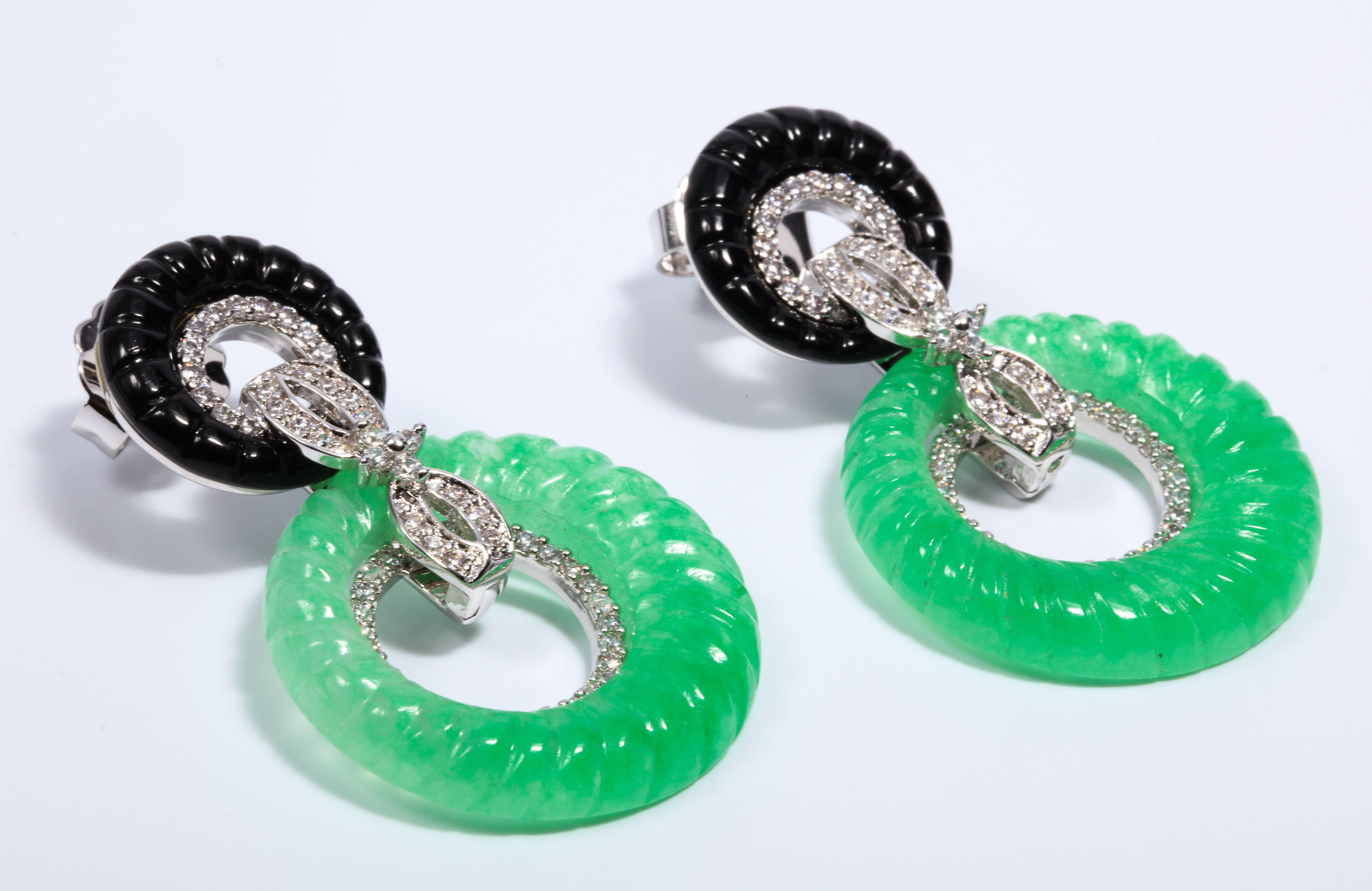 Art Deco Style Faux Diamond Onyx Jade Earrings 1
