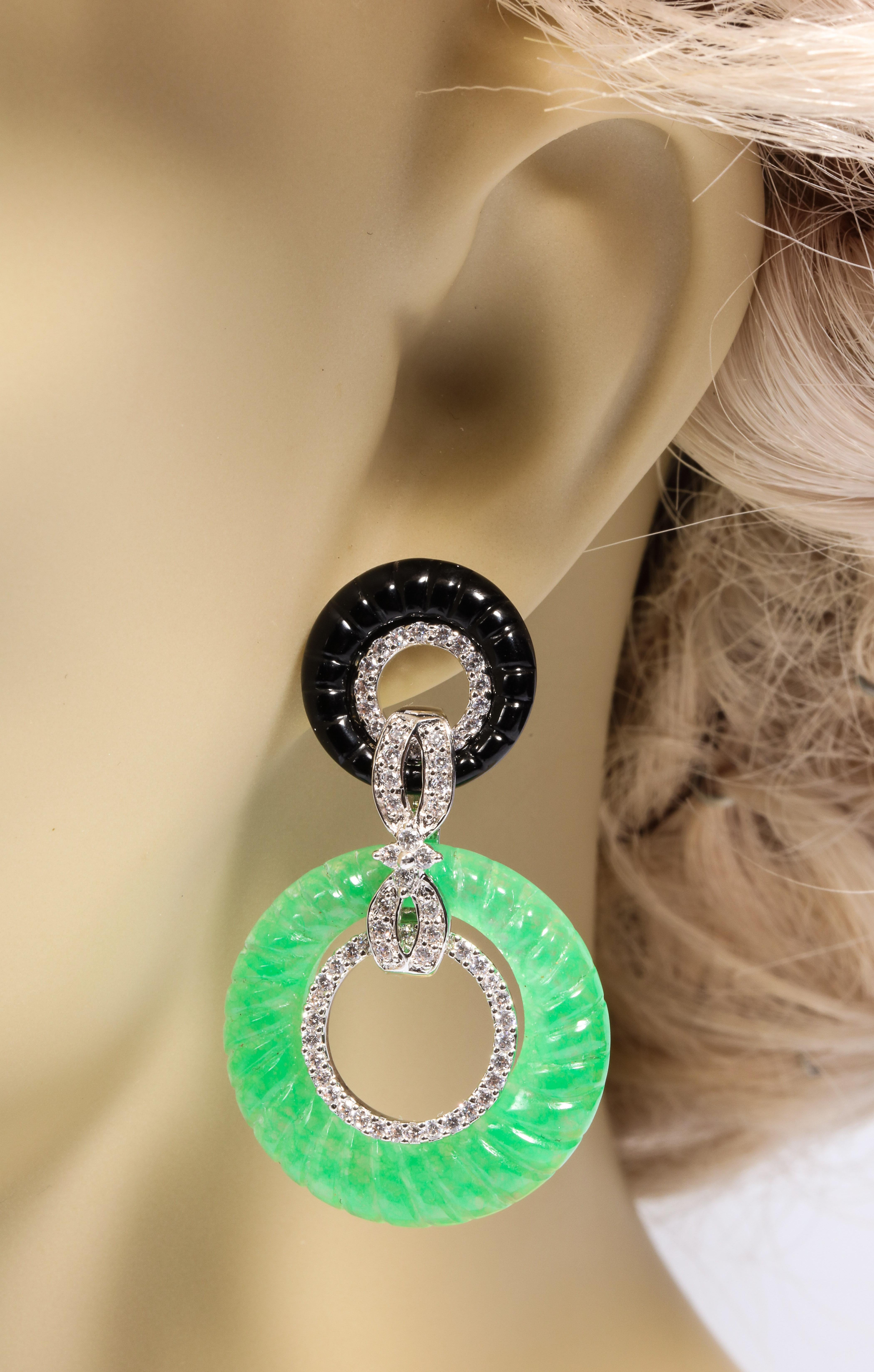 Art Deco Style Faux Diamond Onyx Jade Earrings 2