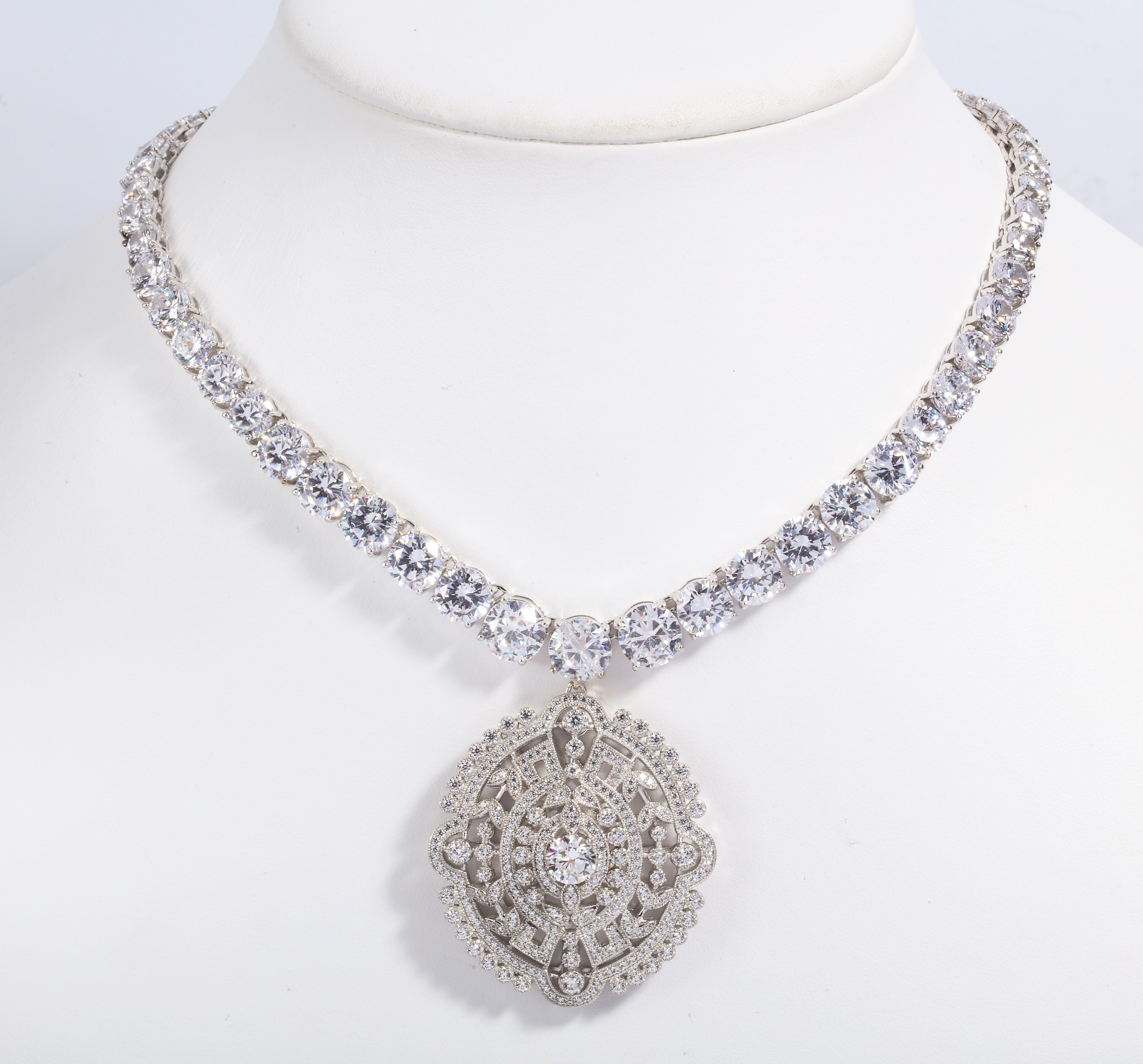 Art Deco Edwardian Style Faux Diamond Pendant Necklace