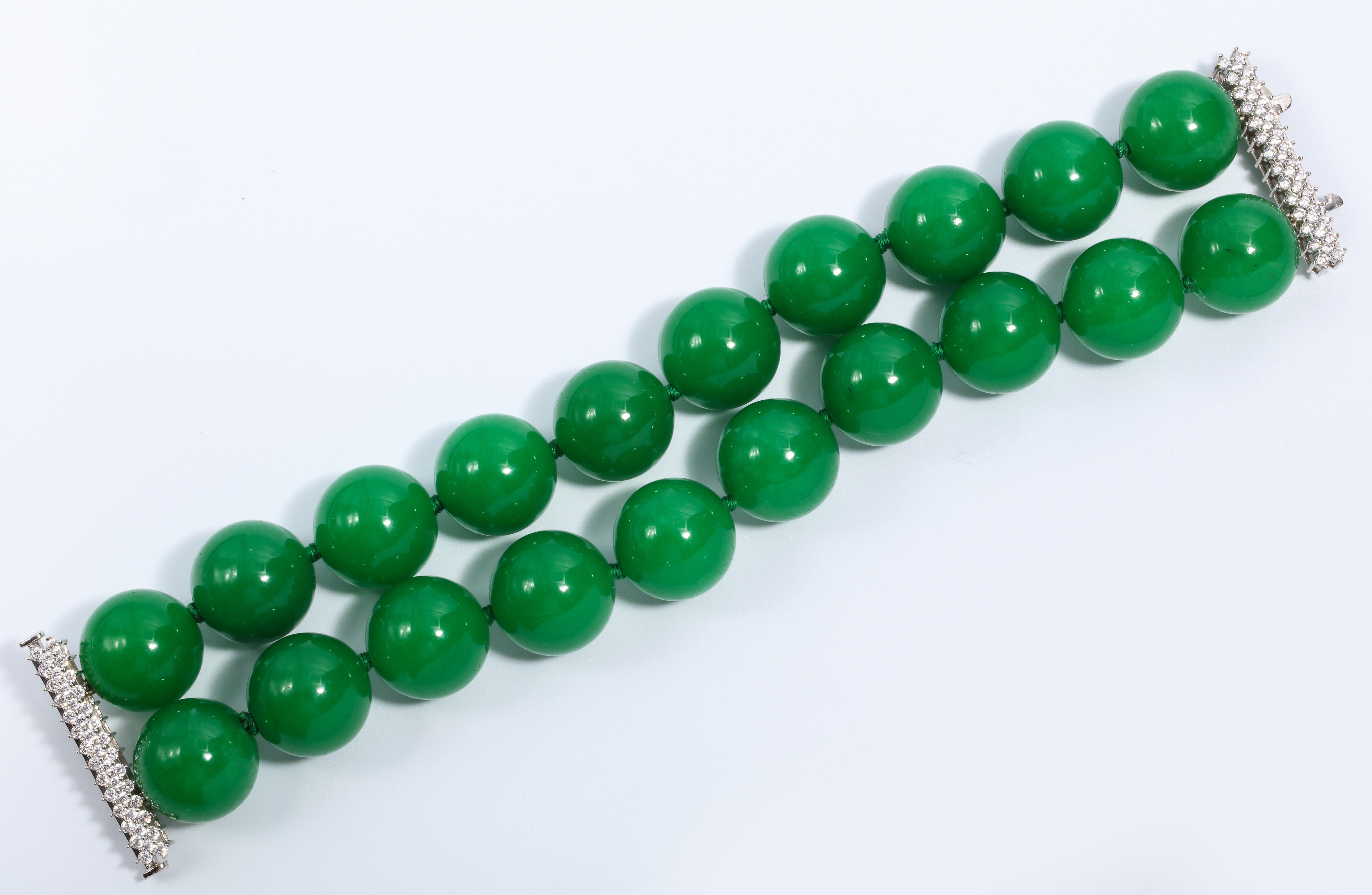 Magnificent Costume Jewelry Faux Imperial Green Jade Large 20mm Bead CZ Sterling Clasp Bracelet fits up to 8inch wrist.