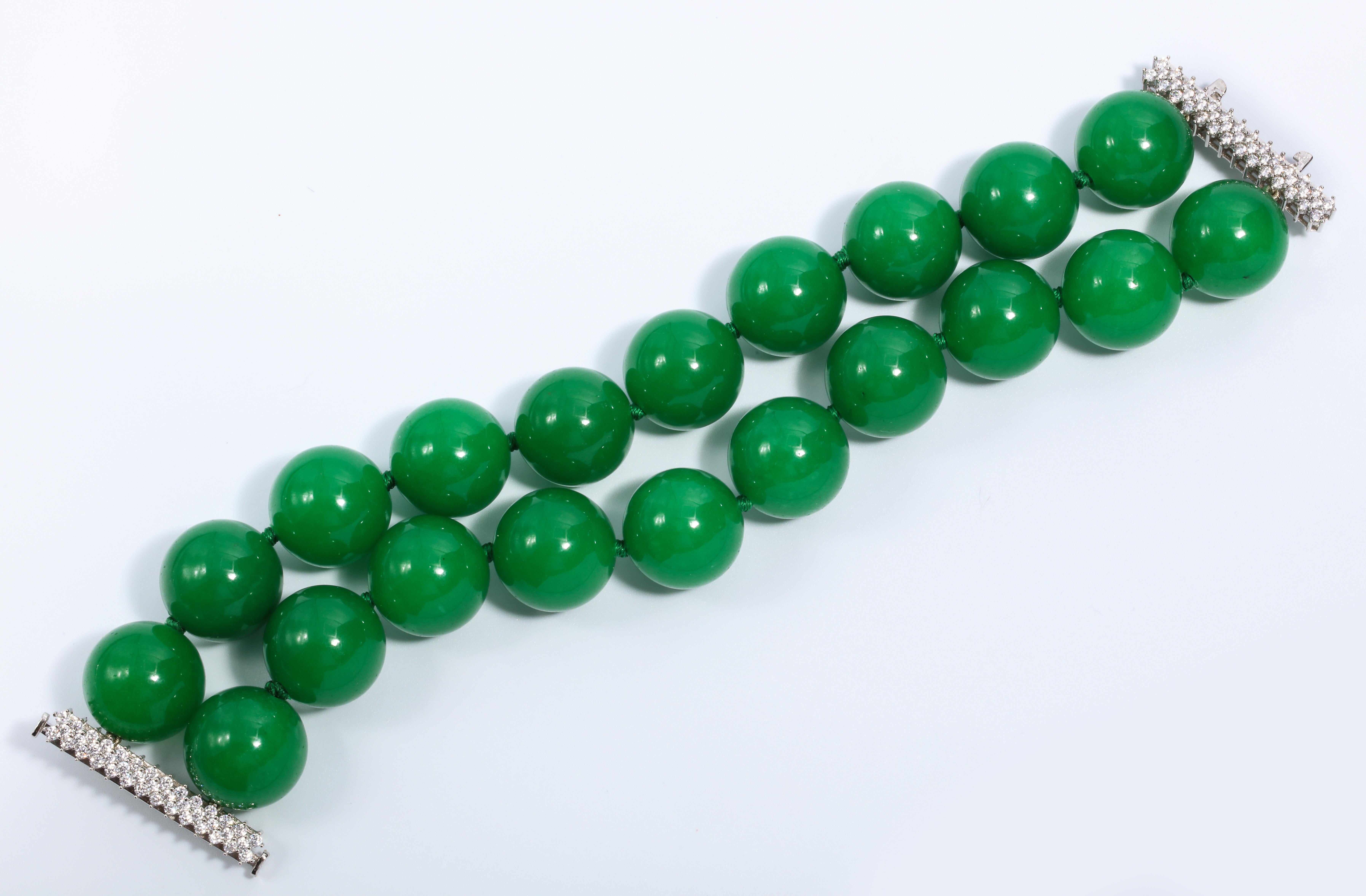 Art Deco Faux Imperial 20MM Green Jade Large Bead Diamond Bracelet