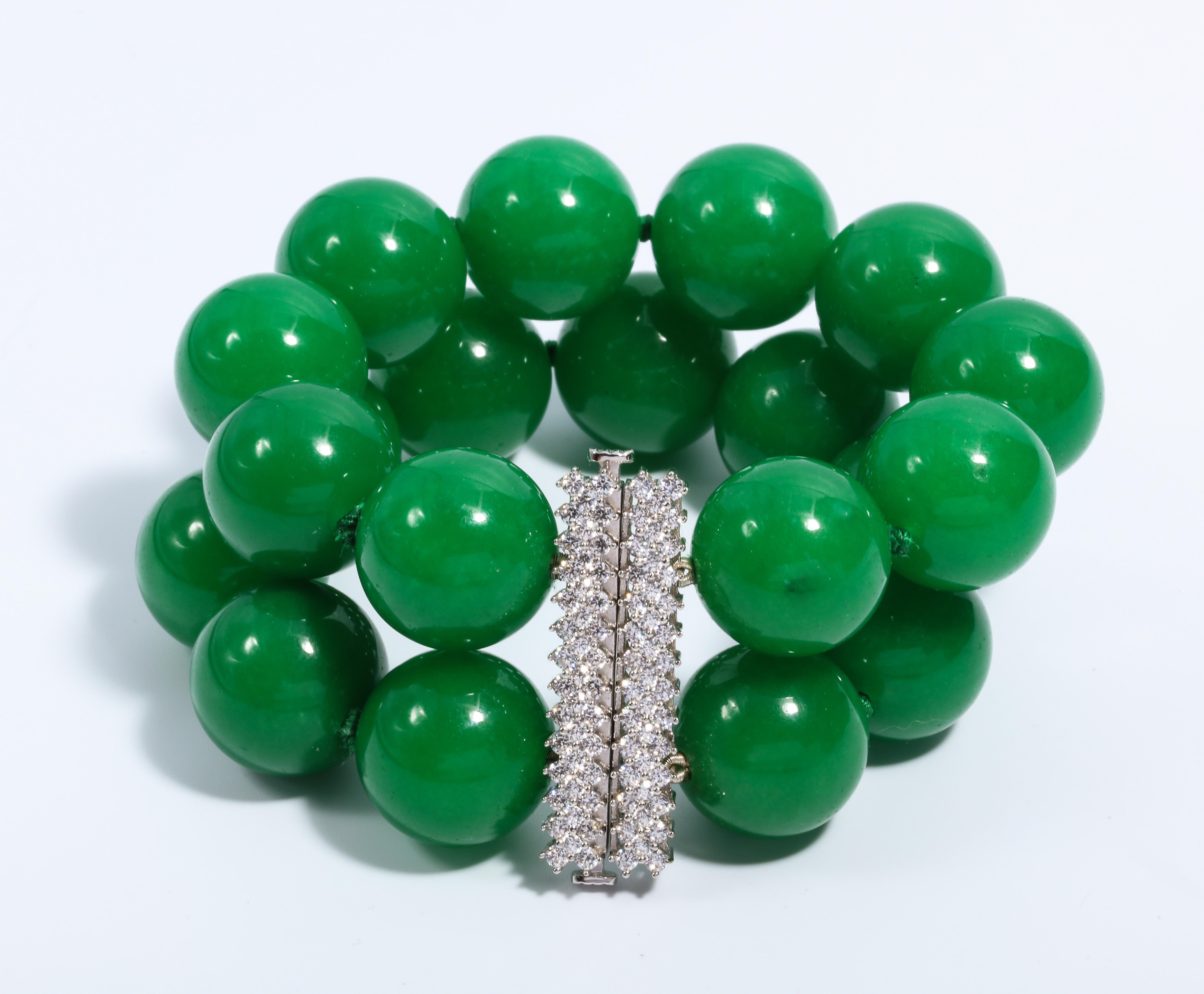 Women's Faux Imperial 20MM Green Jade Large Bead Diamond Bracelet