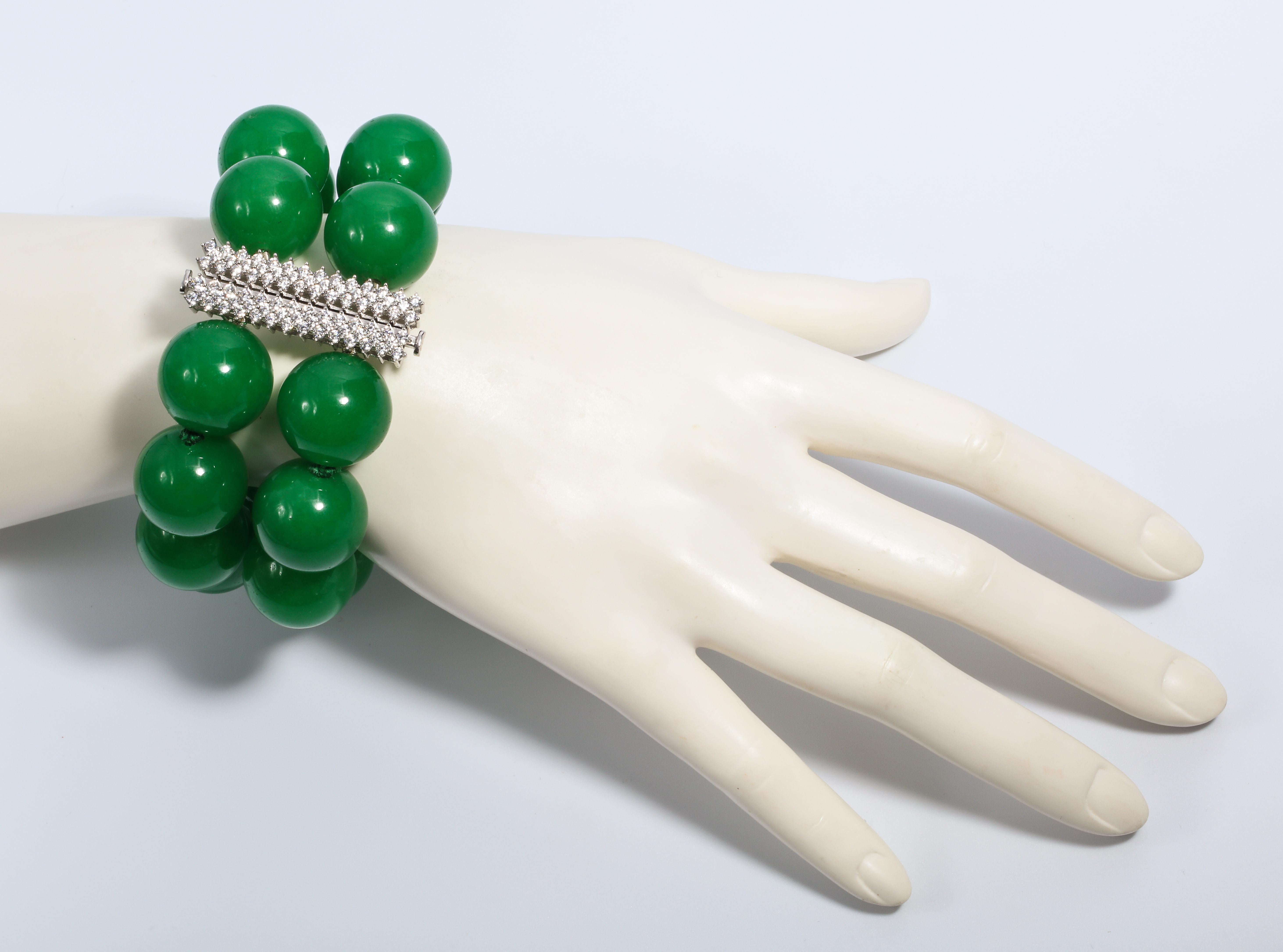Faux Imperial 20MM Green Jade Large Bead Diamond Bracelet 1