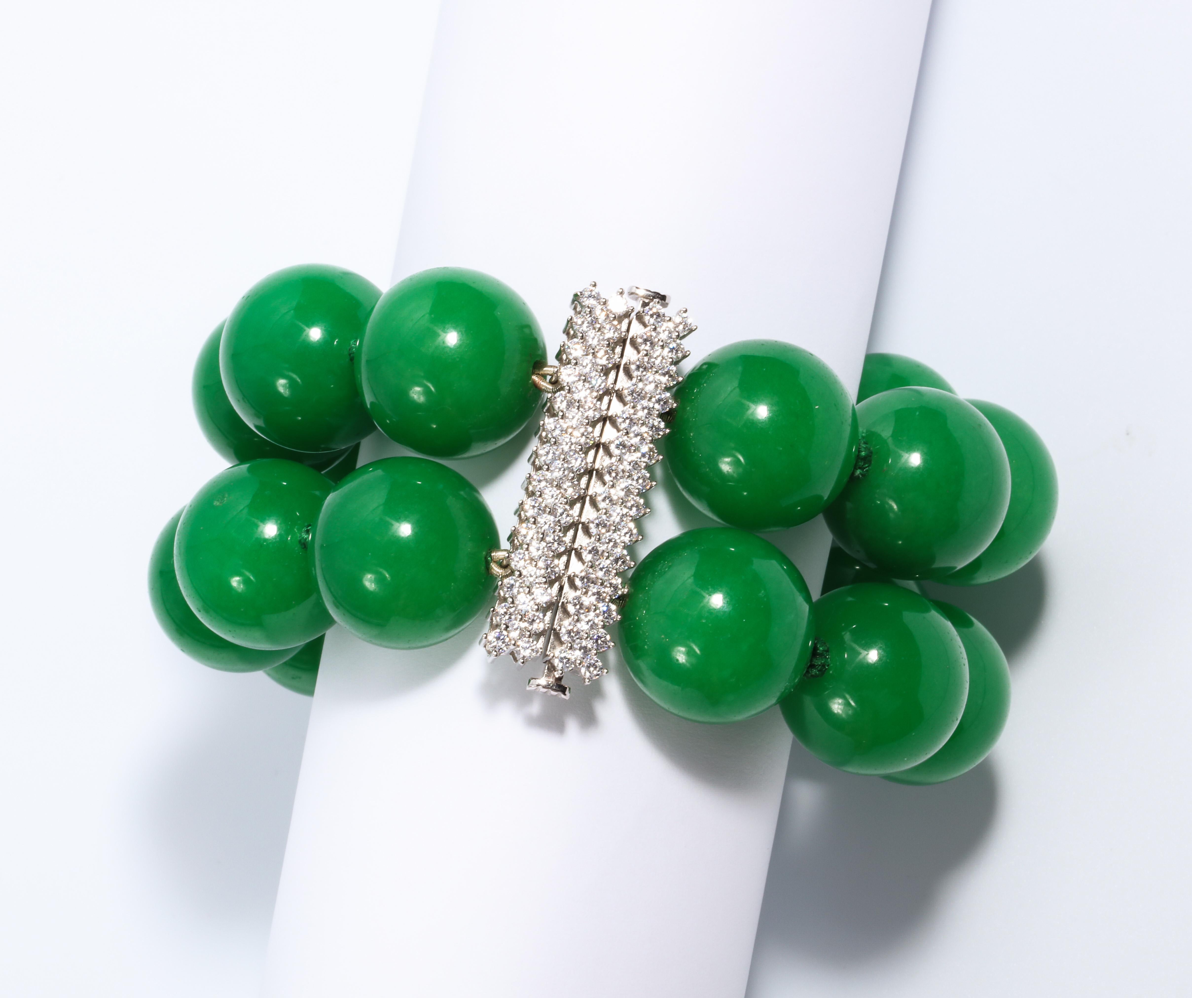 Faux Imperial 20MM Green Jade Large Bead Diamond Bracelet 2