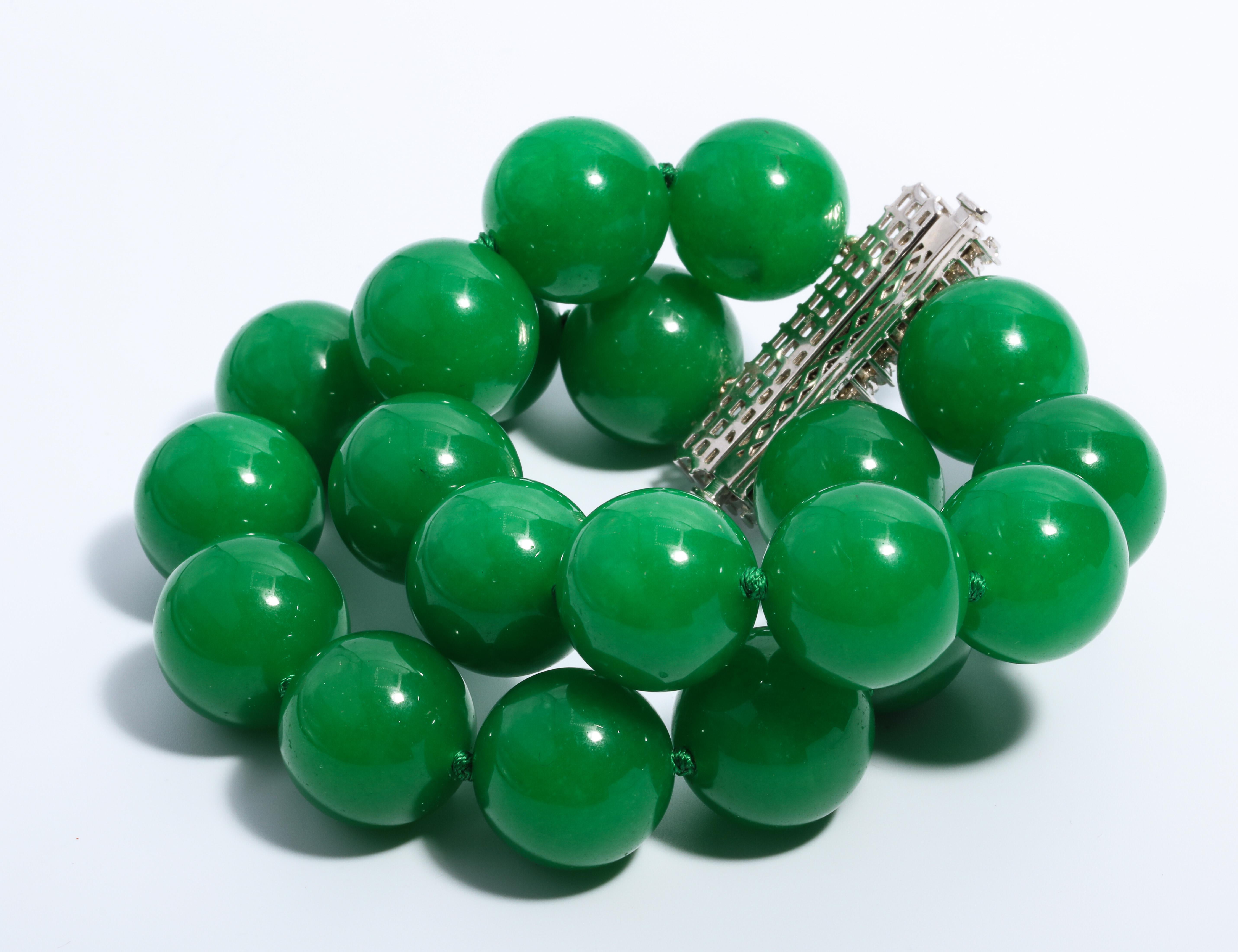 Faux Imperial 20MM Green Jade Large Bead Diamond Bracelet 3