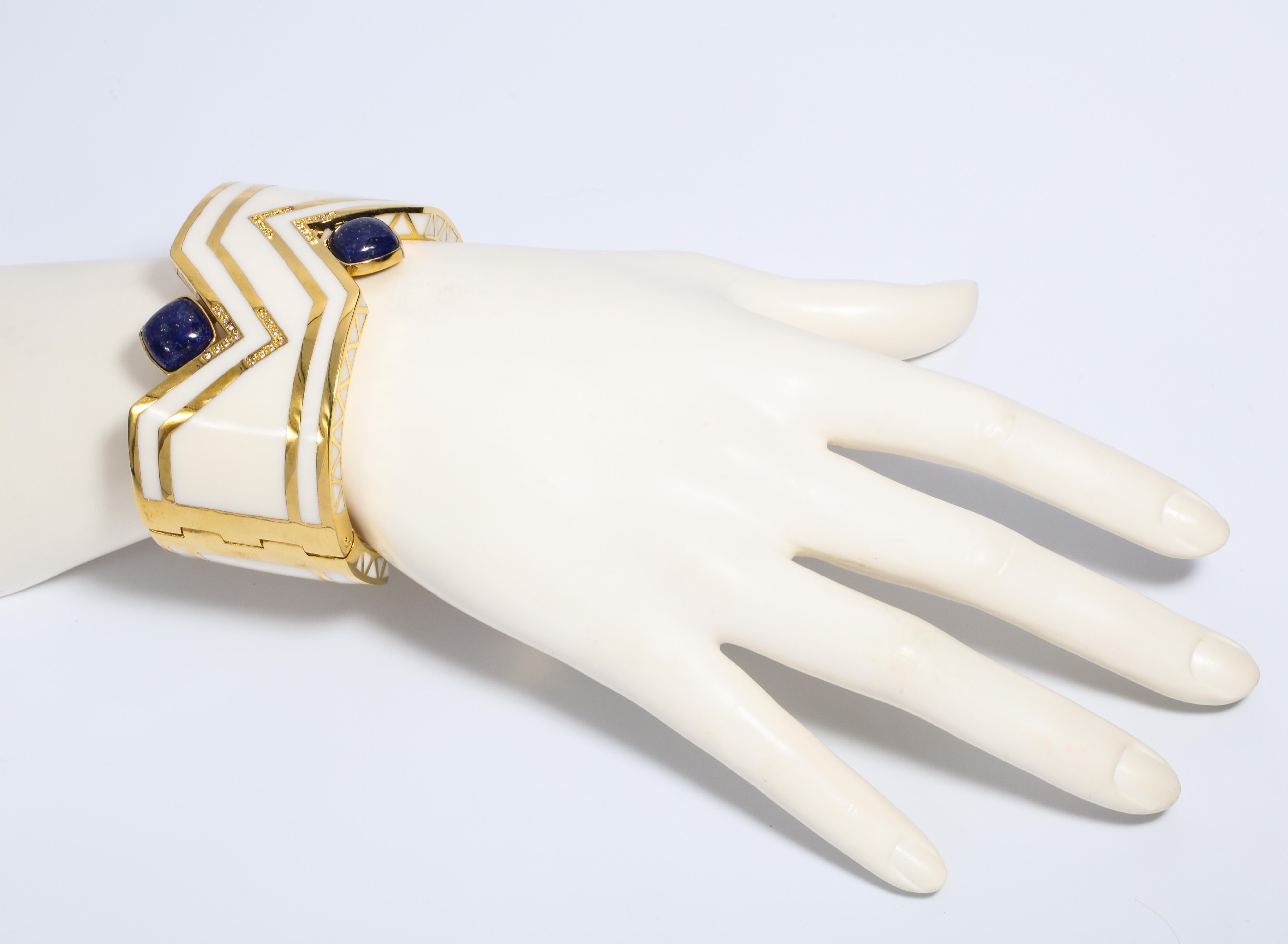 Magnificent Costume Jewelry Art Deco Style Palm Beach Enamel Large Cuff Bangle Cream Enamel Lapis Lazuli  CZ  Touches 
1.5 inches wide Easy firm sprung opening fits 7 inch wrist