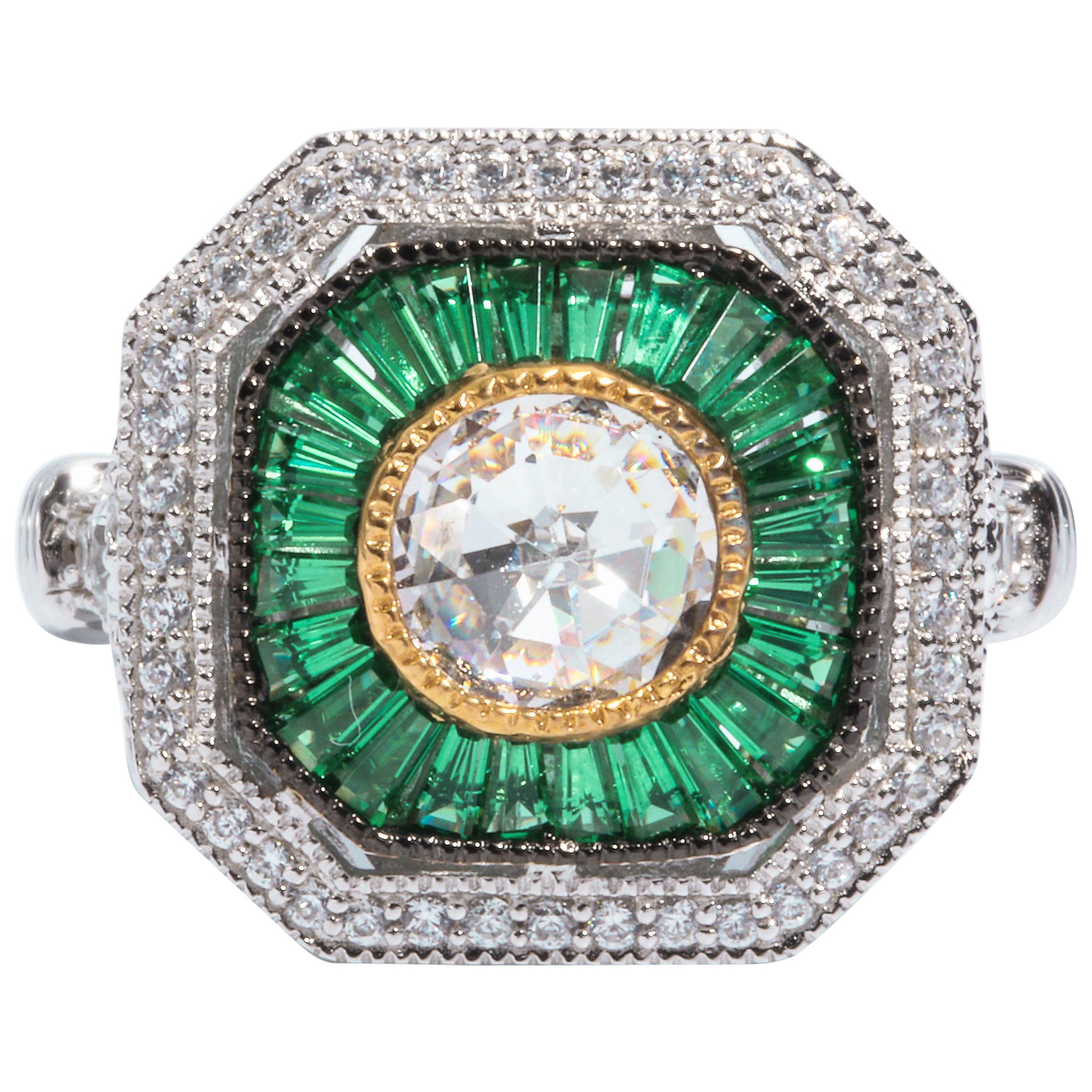 Art Deco Style Pretty Synthetic Diamond Emerald  Sterling Ring
