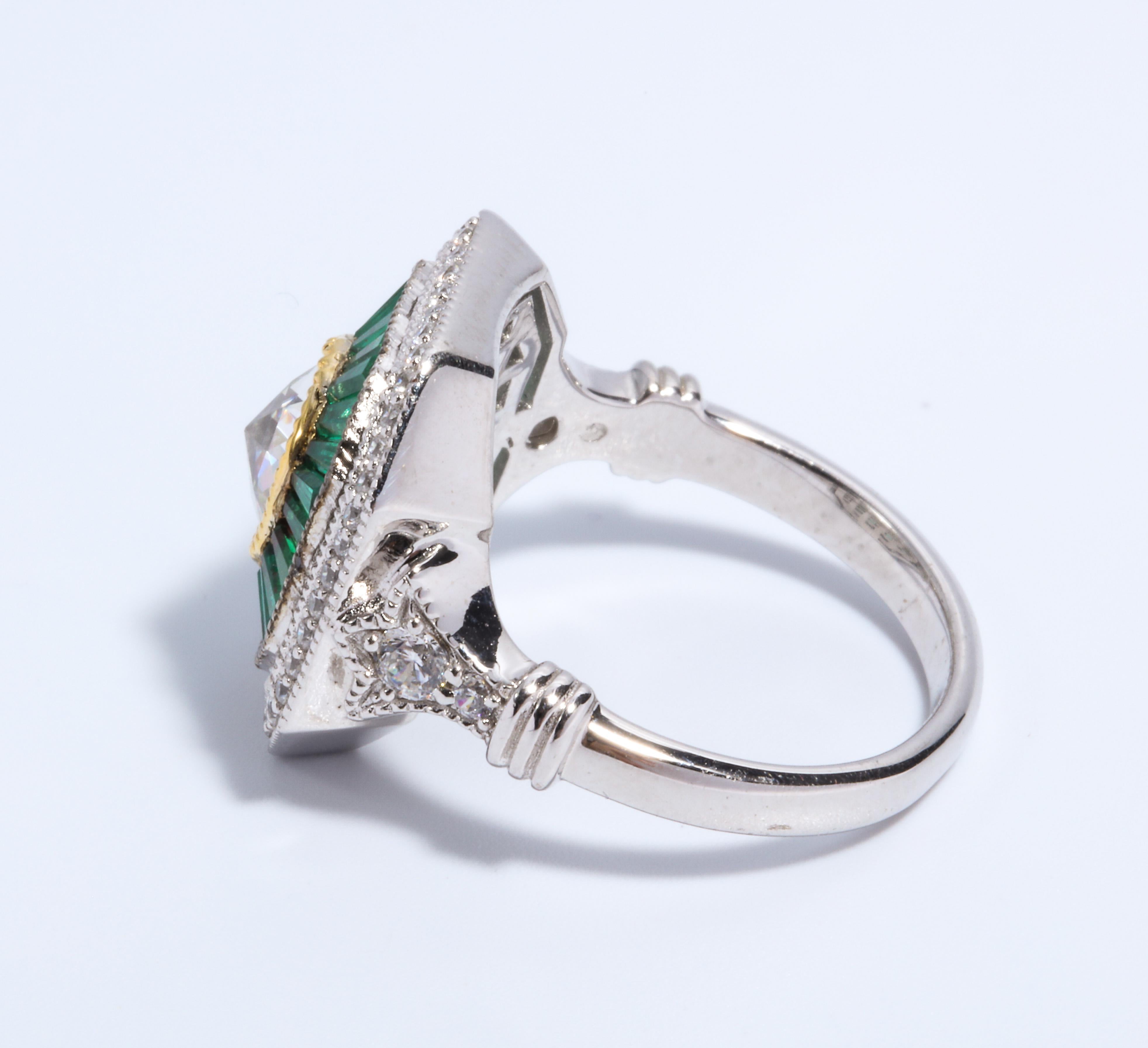 Art Deco Style Pretty Synthetic Diamond Emerald  Sterling Ring 1